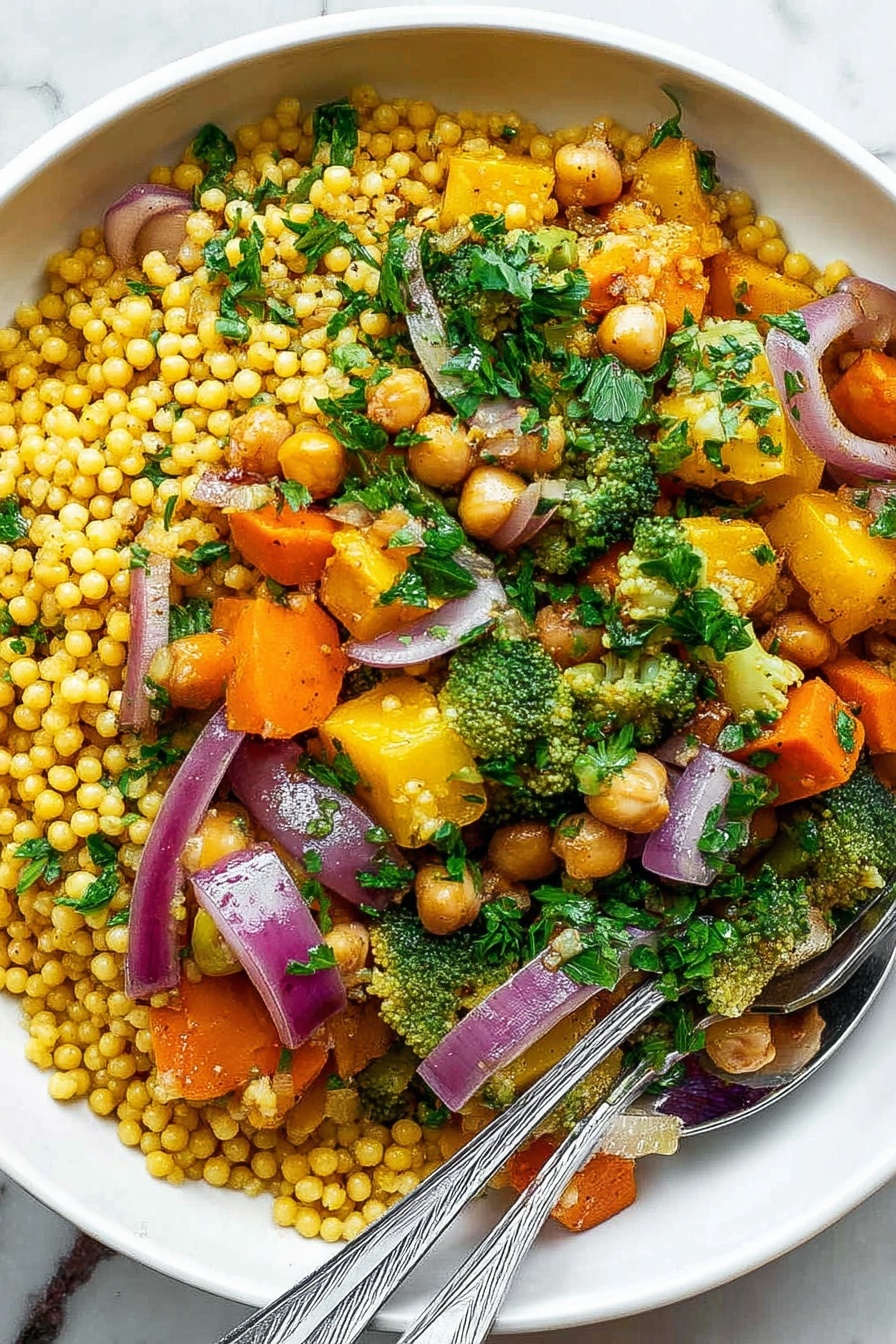 Roasted Pumpkin Couscous Salad with Vegetables and Pumpkin Seeds, healthy roasted pumpkin salad, veggie couscous bowl, fall vegetable salad, easy roasted pumpkin recipe - A white bowl filled with a colorful couscous salad that has three main layers. The base layer is small, round, yellow couscous pearls that cover most of the surface. Mixed within this are soft, orange carrot slices, chickpeas, and light green broccoli pieces. The top layer has fresh chopped green parsley leaves sprinkled all over. There are also chunks of cooked yellow squash and purple onion wedges spread evenly throughout. Two silver forks rest at the bottom left inside the bowl. The bowl is set on a white marbled surface. photo taken with an iphone --ar 2:3 --v 7
