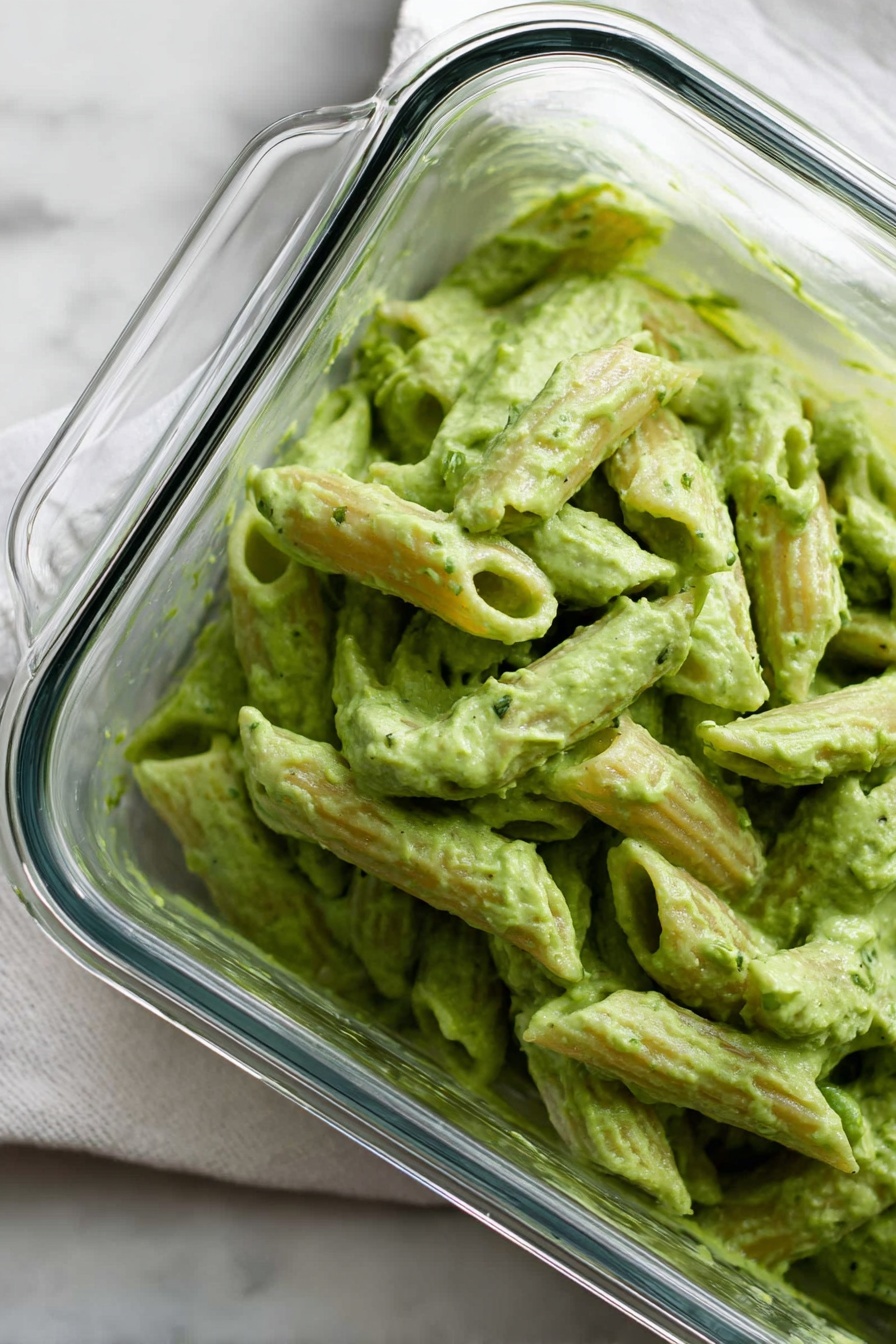 Creamy Green Pea Pasta with Basil and Tofu, green pea pasta, vegan creamy pasta, basil pasta recipes, healthy vegetable pasta - The image shows a clear glass square dish filled with penne pasta coated in a thick, green sauce. The pasta pieces are close together, each covered evenly with the creamy, bright green sauce that has a smooth texture with some small bits visible. The dish is placed on a surface with a white marbled texture and there is a white cloth next to it. The edge of a transparent dish lid is slightly visible at the top left corner. photo taken with an iphone --ar 2:3 --v 7