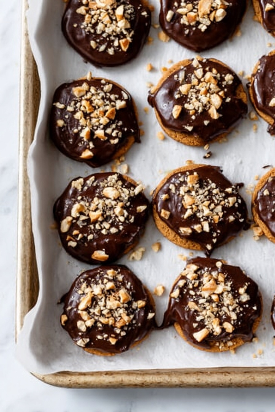 Vegan Chocolate-Dipped Peanut Butter Cracker Sandwiches, vegan snacks, no-bake treats, plant-based dessert, easy vegan recipes - The image shows a tray lined with white parchment paper filled with round cookies topped with thick, smooth dark chocolate frosting and sprinkled generously with chopped light brown nuts. The cookies have a soft brown color underneath the chocolate layer. Each cookie is round and slightly uneven at the edges, and the chocolate topping covers the entire top surface, dripping slightly over the sides. The nuts add a rough, crunchy texture contrast to the smooth chocolate, and the tray sits on a white marbled surface. Photo taken with an iphone --ar 2:3 --v 7