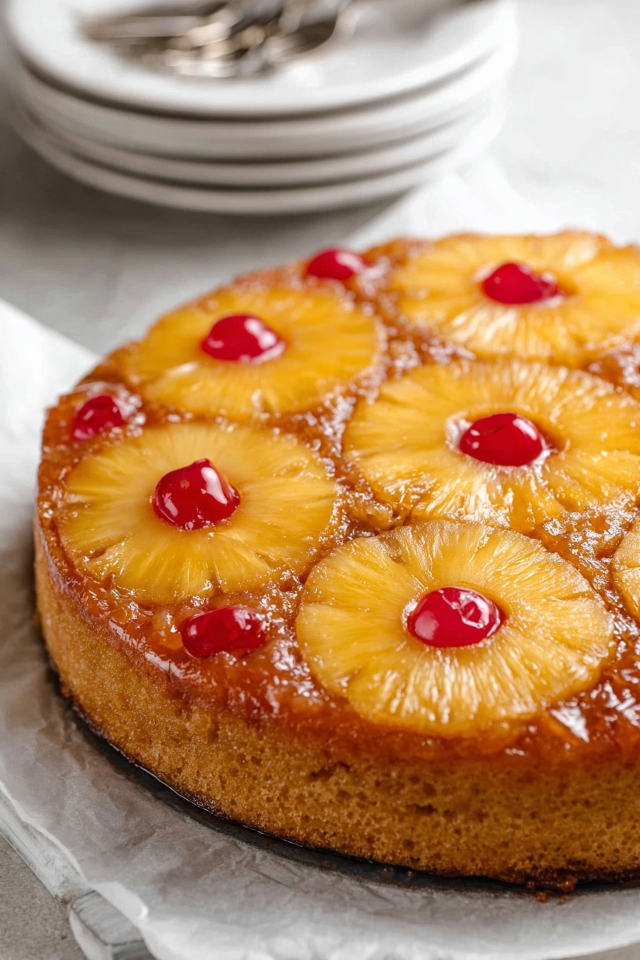 Vegan Pineapple Upside Down Cake, vegan pineapple dessert, dairy-free pineapple cake, tropical vegan cake, easy vegan pineapple recipe - A round pineapple upside-down cake with five bright yellow pineapple rings evenly spaced on top, each circle featuring a shiny red cherry in the center. The golden-brown cake base is thick with a smooth, slightly shiny glaze covering the fruit and surface. The cake sits on white parchment paper with a soft, white marbled surface beneath. In the background, blurred white plates and silver forks rest stacked. Photo taken with an iphone --ar 2:3 --v 7