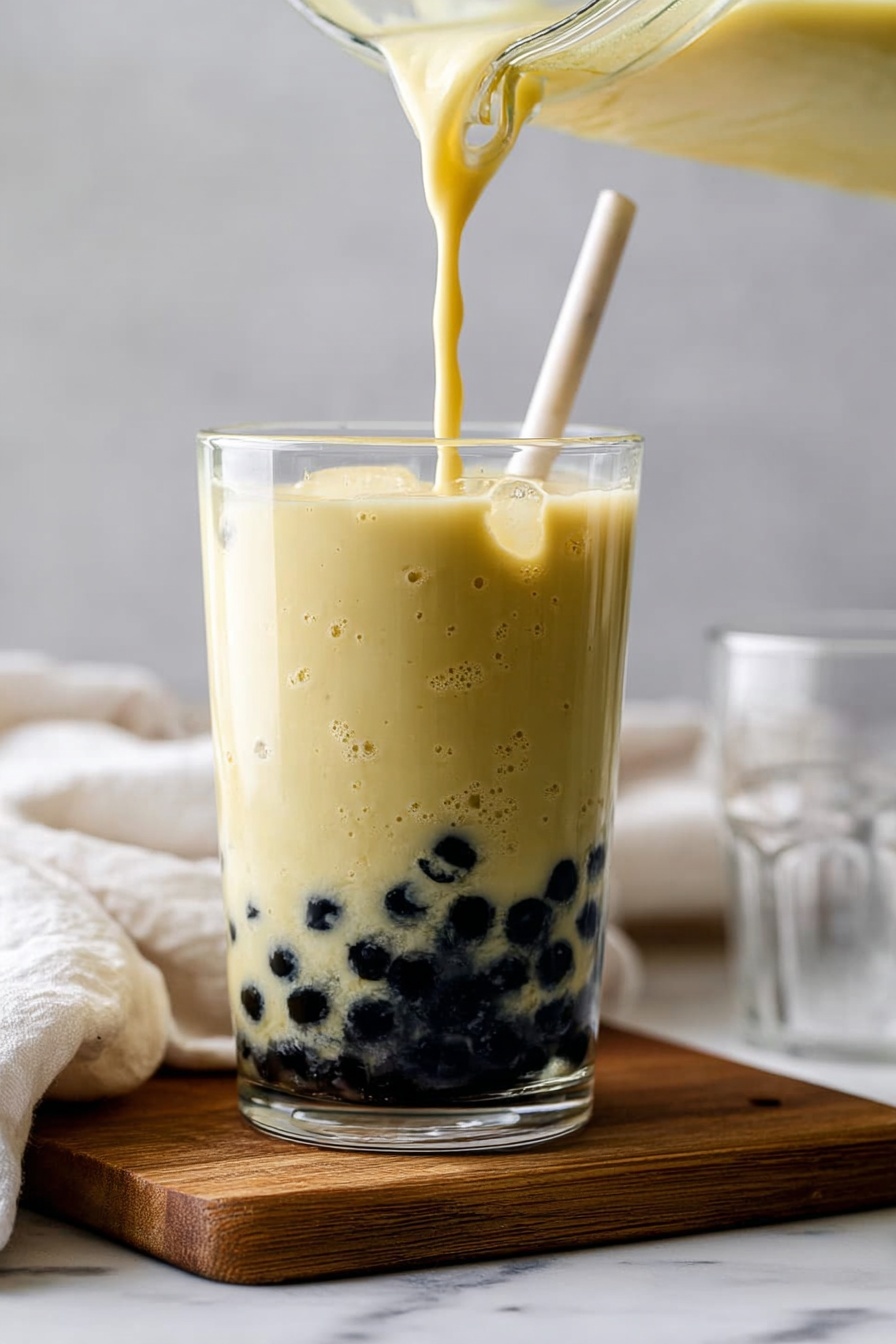 Mango Bubble Tea, Mango Bubble Tea Recipe, Homemade Bubble Tea with Mango, Tropical Mango Bubble Tea, Best Mango Bubble Tea - A clear glass filled with a layer of black tapioca pearls at the bottom, topped with a thick, pale yellow creamy liquid being poured from a blender jar above. The drink has small bubbles on its surface and a smooth texture, and a white straw is inserted into the glass. The glass sits on a small wooden board placed on a white marbled surface, with a blurred white cloth and an empty clear glass in the soft background. Photo taken with an iphone --ar 2:3 --v 7