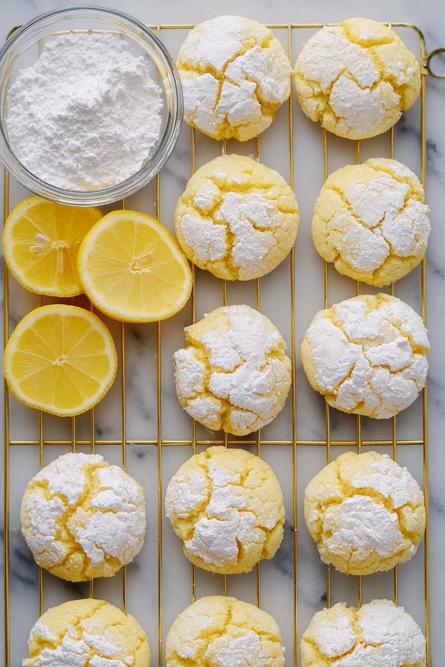 Lemon Crinkle Cookies, lemon cookies, soft lemon cookies, easy lemon cookie recipe, lemon dessert - A top view of twelve yellow lemon cookies with cracks on top, each dusted with white powdered sugar, arranged neatly on a gold cooling rack placed over a white marbled surface. Three lemon halves with bright yellow peel and juicy pale yellow interior are placed in between the cookies. A clear glass bowl filled with white powdered sugar is seen at the top left corner. The cookies have a soft, cracked texture with powdered sugar filling the cracks. Photo taken with an iphone --ar 2:3 --v 7