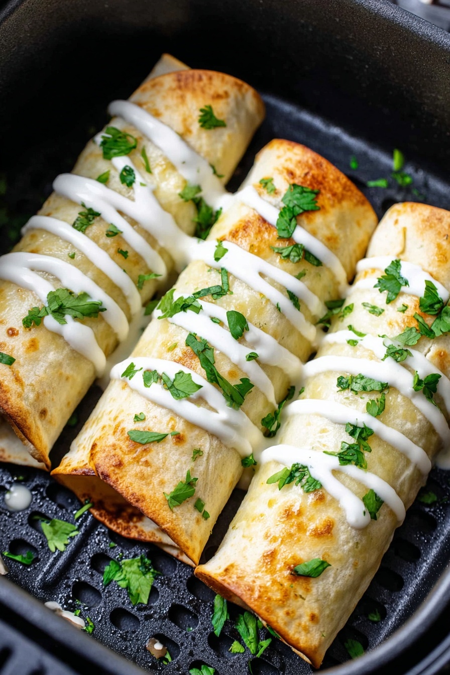 Air Fryer Chimichangas, crispy chimichangas, easy air fryer recipes, Mexican appetizers, healthy fried snacks - Three golden-brown rolled burritos are placed close together inside a black air fryer basket with small holes. Each burrito is drizzled with smooth white sauce in a zigzag pattern on top. Bright green chopped cilantro leaves are sprinkled over the burritos and scattered around them in the basket. The texture of the burritos is soft with slight browning spots, and the background shows the black perforated surface of the basket. photo taken with an iphone --ar 2:3 --v 7
