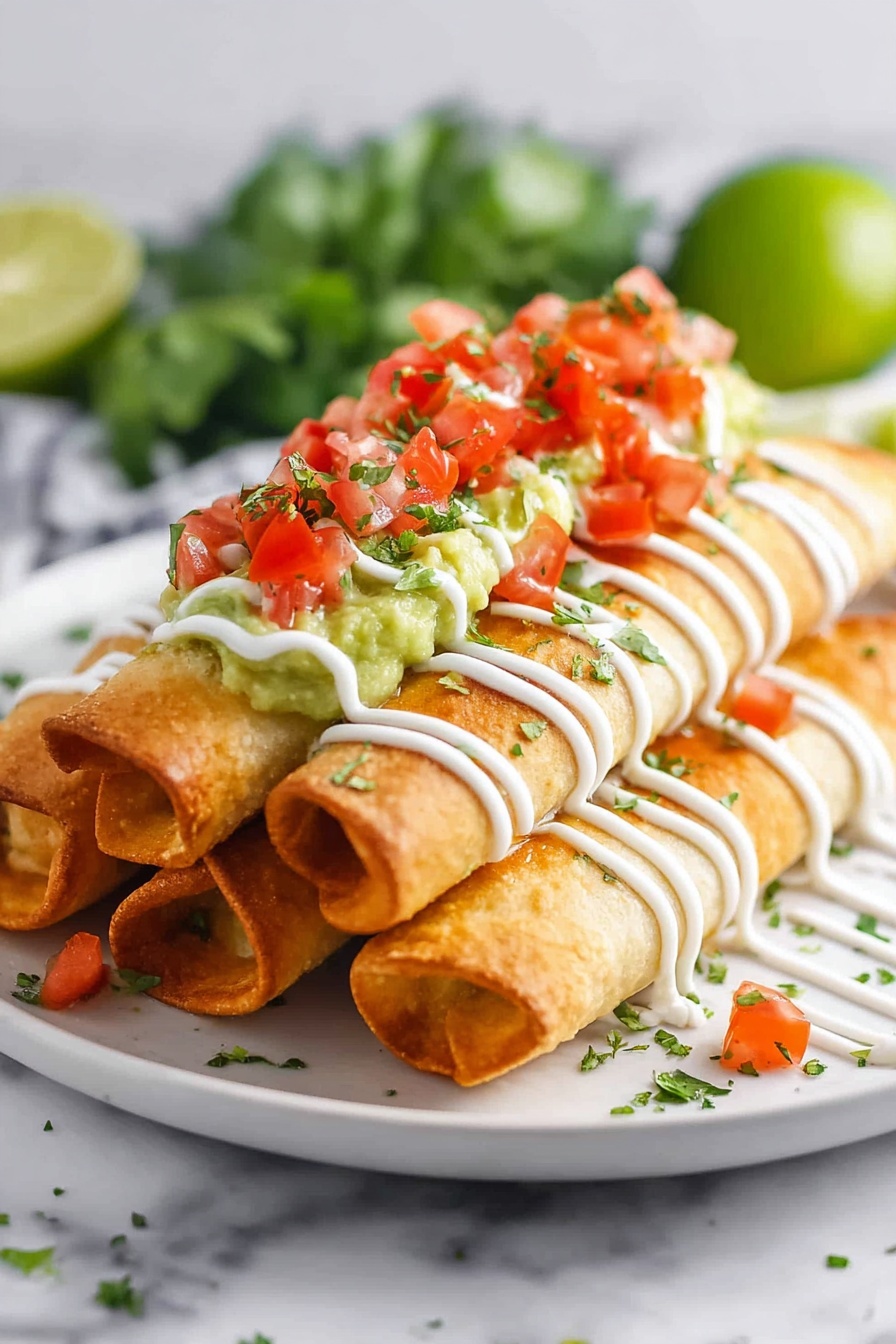 Air Fryer Chimichangas, crispy chimichangas, easy air fryer recipes, Mexican appetizers, healthy fried snacks - On a white plate on a white marbled surface, there are four golden brown rolled tacos stacked slightly on each other. Each taco is topped with a green guacamole layer that has a smooth texture and chopped red tomatoes sprinkled on it. Thin lines of white sour cream sauce run across the tacos vertically. Small green herb pieces are scattered on top and around the plate, adding a fresh touch. The background shows a blurred green lime and leafy greens. photo taken with an iphone --ar 2:3 --v 7