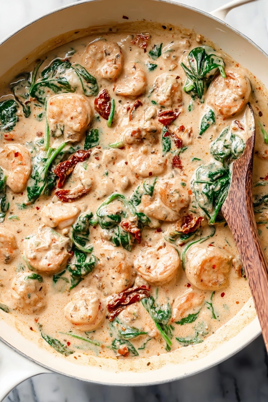 Creamy Tuscan Garlic Shrimp, Tuscan garlic shrimp, garlic shrimp dinner, seafood pasta recipes, quick shrimp recipes - A creamy dish in a white pan shows many plump shrimp covered in a thick light beige sauce with small red and black specks. Bright green spinach leaves are mixed throughout, adding fresh color and soft texture. There are also pieces of reddish sun-dried tomatoes scattered around, giving a burst of deeper red color within the sauce. The sauce looks smooth and rich, filling the pan almost to the edge with some lighter creamy swirls near the sides. A wooden spoon is partially visible on the right side, resting in the sauce against the white pan. The scene is set on a white marbled surface. photo taken with an iphone --ar 2:3 --v 7