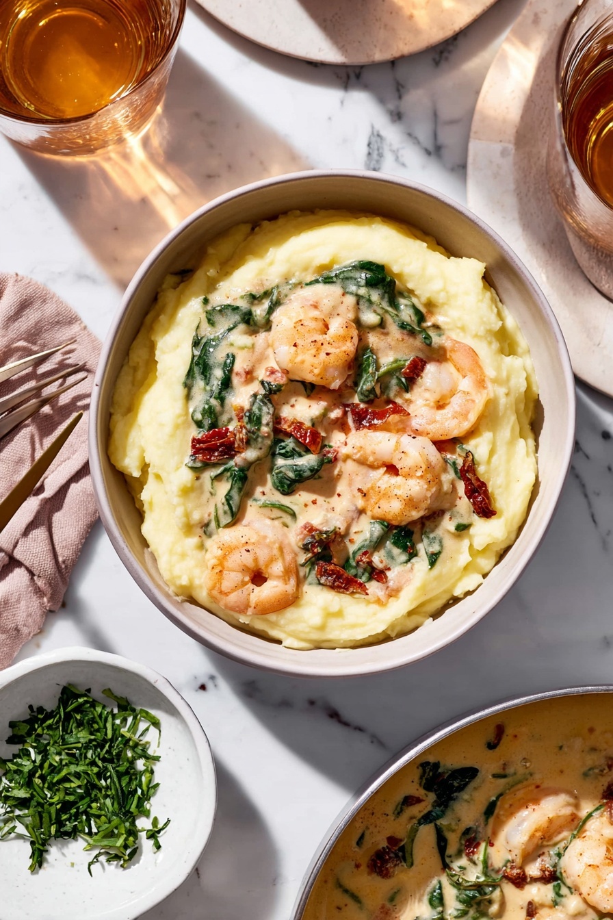 Creamy Tuscan Garlic Shrimp, Tuscan garlic shrimp, garlic shrimp dinner, seafood pasta recipes, quick shrimp recipes - The dish shows one white bowl filled with three layers: the bottom layer is smooth creamy mashed potatoes in pale yellow, the middle layer is a light beige creamy sauce with visible chunks of shrimp and pieces of spinach with dark green leaves, and the top layer features shrimp in the sauce, with some spinach leaves and bits of sun-dried tomatoes adding dark red spots. The bowl is set on a white marbled surface next to a small white bowl with chopped green herbs, a glass of light amber drink casting soft shadows, and part of a pan containing more creamy shrimp sauce. A fork lies nearby on the surface, and a woman’s hand is not directly visible but implied by the close-up setting. photo taken with an iphone --ar 2:3 --v 7