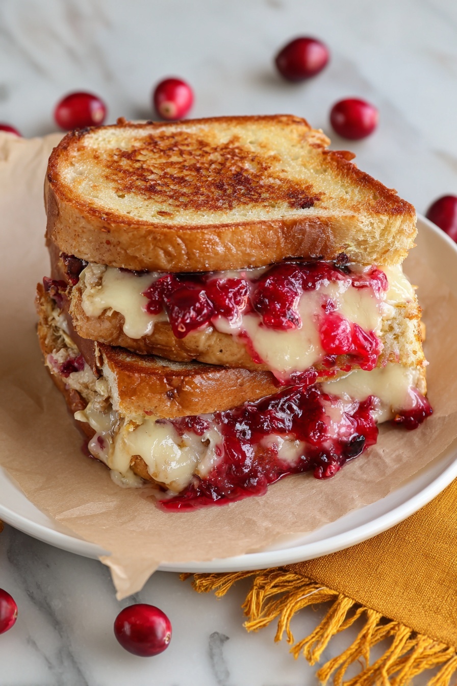 Cranberry Turkey Grilled Cheese, turkey cranberry sandwich, holiday leftover recipes, easy grilled cheese ideas, festive turkey sandwich - A grilled sandwich with two toasted golden-brown bread slices stacked on top of each other, showing melted white cheese oozing out between the layers along with bright red cranberry sauce. The sandwich is placed on a piece of parchment paper on a white plate, all set on a white marbled surface. Some whole cranberries are scattered around the plate, and a mustard-yellow fringed cloth is partly visible at the bottom right corner. Photo taken with an iphone --ar 2:3 --v 7