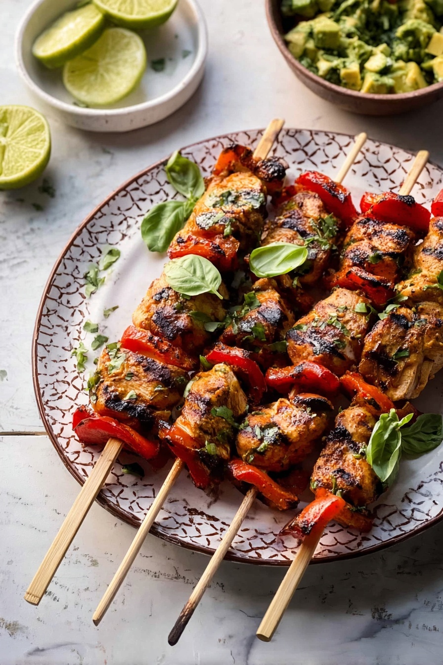 Grilled Chili Lime Honey Chicken, grilled chili lime honey chicken with sweet potatoes and avocado salsa, healthy grilled chicken recipes, summer chicken dishes, flavorful chicken marinade - Four wooden skewers lie side by side on a white plate with a brown patterned rim, each skewer layered with pieces of grilled chicken and red bell pepper slices. The chicken pieces are golden brown with visible grill marks and a slightly charred texture. Bright green basil leaves are placed sparingly on top of the skewers. The plate rests on a white marbled surface. On the left side, there are two squeezed lime halves and a white bowl with chopped green herbs and avocado chunks. The scene is lit with natural light, emphasizing the freshness and char of the food. Photo taken with an iphone --ar 2:3 --v 7