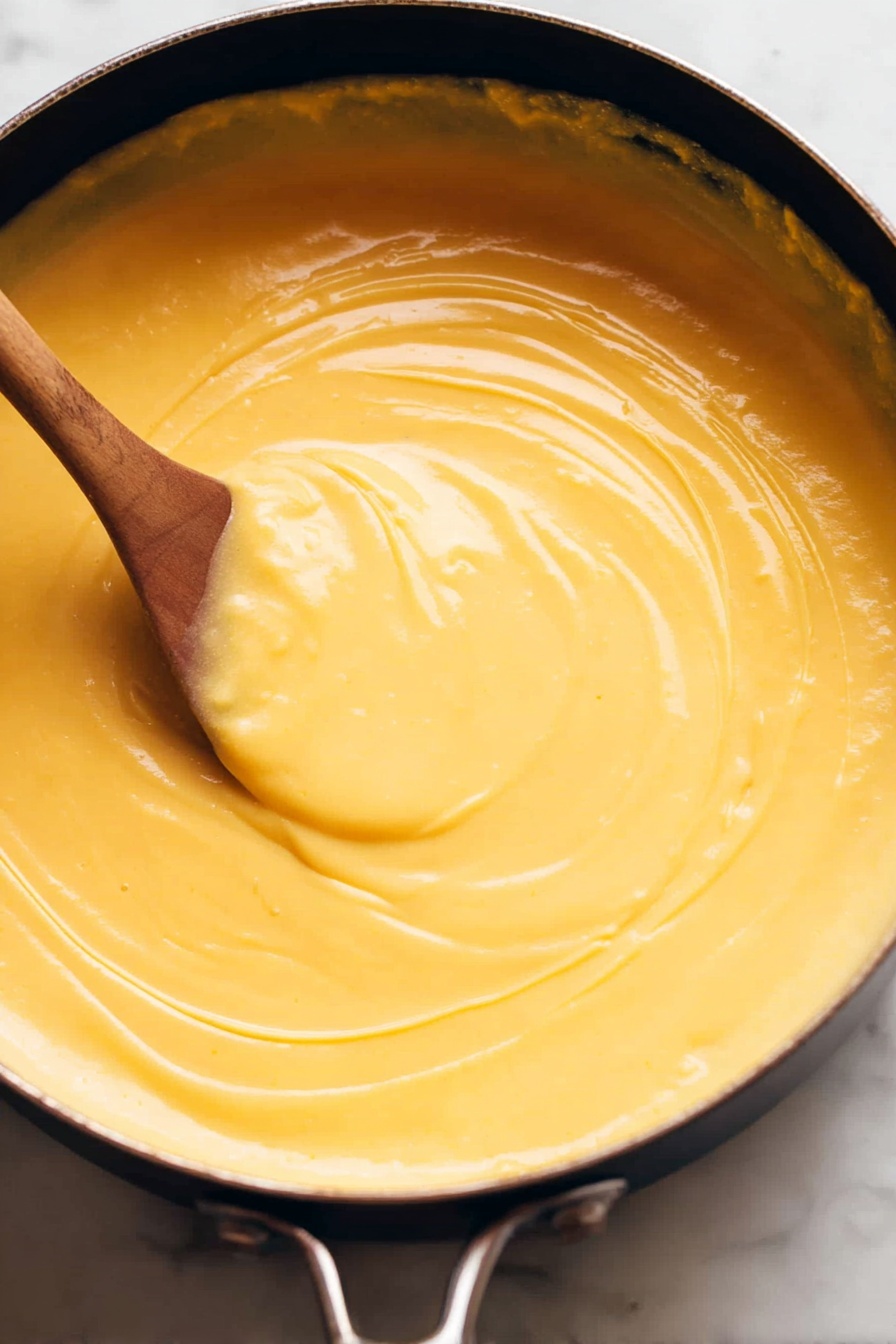 Vegan Beer Cheese, vegan cheese dip, plant-based beer cheese, dairy-free cheese sauce, vegan appetizer - A close-up view of a large black pot filled with smooth, creamy, yellow soup or sauce, with a wooden spoon partially submerged stirring the thick mixture, creating a swirl pattern on the surface. The pot sits on a white marbled surface, highlighting the rich texture and warm color of the liquid. Photo taken with an iphone --ar 2:3 --v 7
