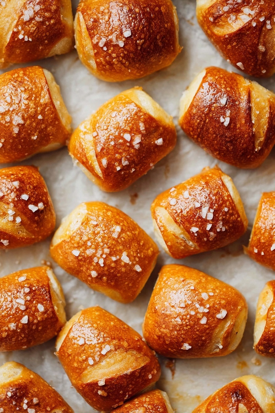 Vegan Pretzel Bites, plant-based pretzel snack, easy vegan pretzels, homemade vegan pretzel bites, chewy vegan snack - This image shows many small golden brown pretzel bites placed closely together in a grid pattern on a slightly shiny white baking sheet lined with parchment paper. Each pretzel bite has a smooth, shiny top crust with a few visible cracks and is sprinkled with coarse white salt crystals. The texture looks soft on the inside with a firm, slightly crispy outside. The warm orange-brown color varies slightly on each piece, giving a fresh baked look. The baking sheet rests on a white marbled surface photo taken with an iphone --ar 2:3 --v 7