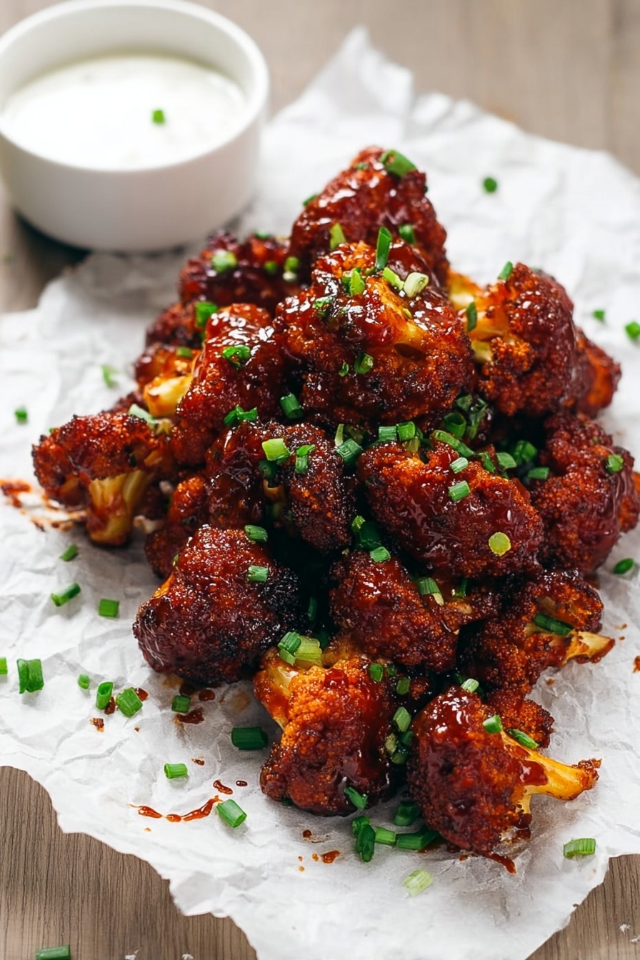 BBQ Cauliflower Wings, vegan cauliflower wings, healthy veggie appetizers, crispy cauliflower bites, smoky vegan wings - A close-up view of a white plate full of crispy fried cauliflower pieces covered in a thick dark brown sauce, with chopped green onions sprinkled on top. The cauliflower pieces are golden brown under the sauce, showing a crunchy texture, and are stacked in layers on the white plate. The background is a soft white marbled texture. photo taken with an iphone --ar 2:3 --v 7