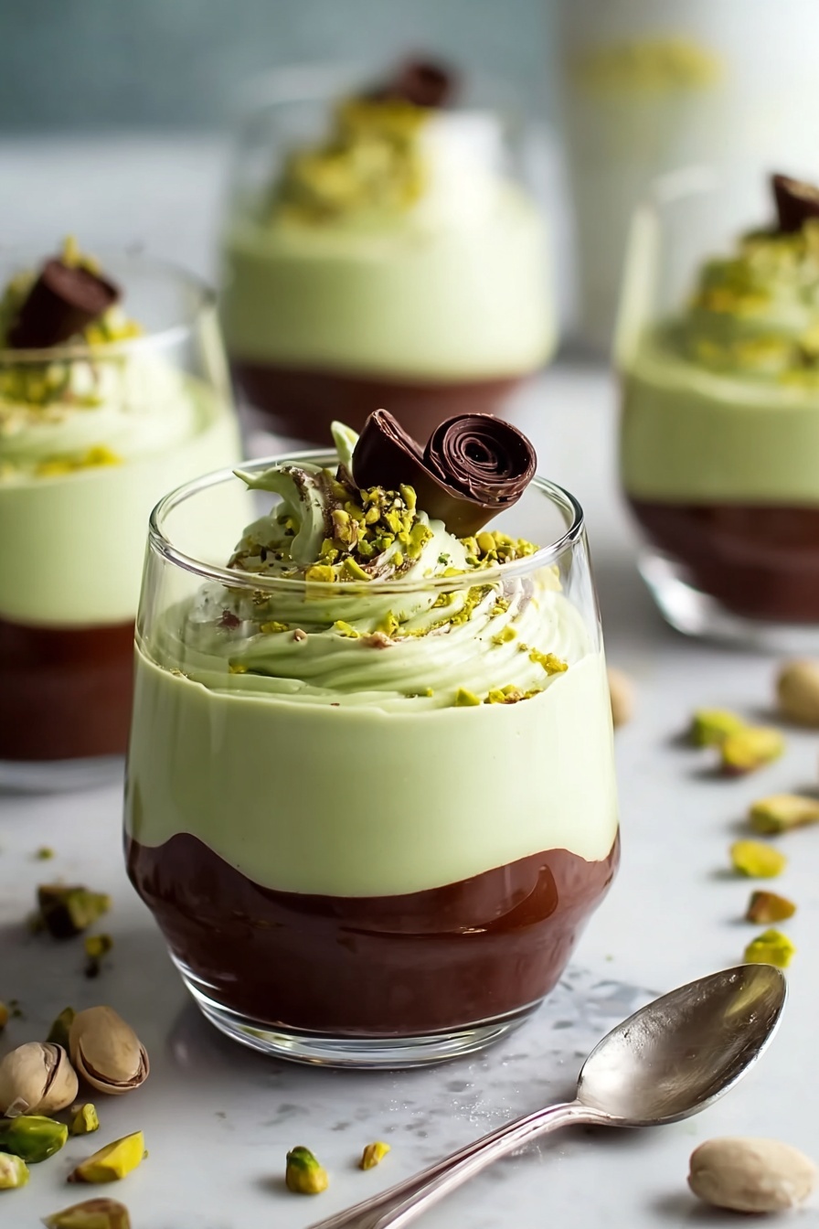 Pistachio Mousse with Chocolate Ganache, elegant pistachio mousse, chocolate ganache dessert, easy pistachio mousse recipe, decadent chocolate mousse - A clear glass holds a dessert with two layers: the bottom layer is a dark brown smooth pudding, and on top is a thick light green creamy swirl filling the glass almost to the top. The creamy layer is decorated with a small dollop of the same green cream, a small chocolate curl, and sprinkled with green crushed pistachios. Similar glasses with the same dessert are blurred in the background, set on a white marbled surface with scattered pistachios around. A woman's hand holds a silver spoon near the edge of the frame. photo taken with an iphone --ar 2:3 --v 7