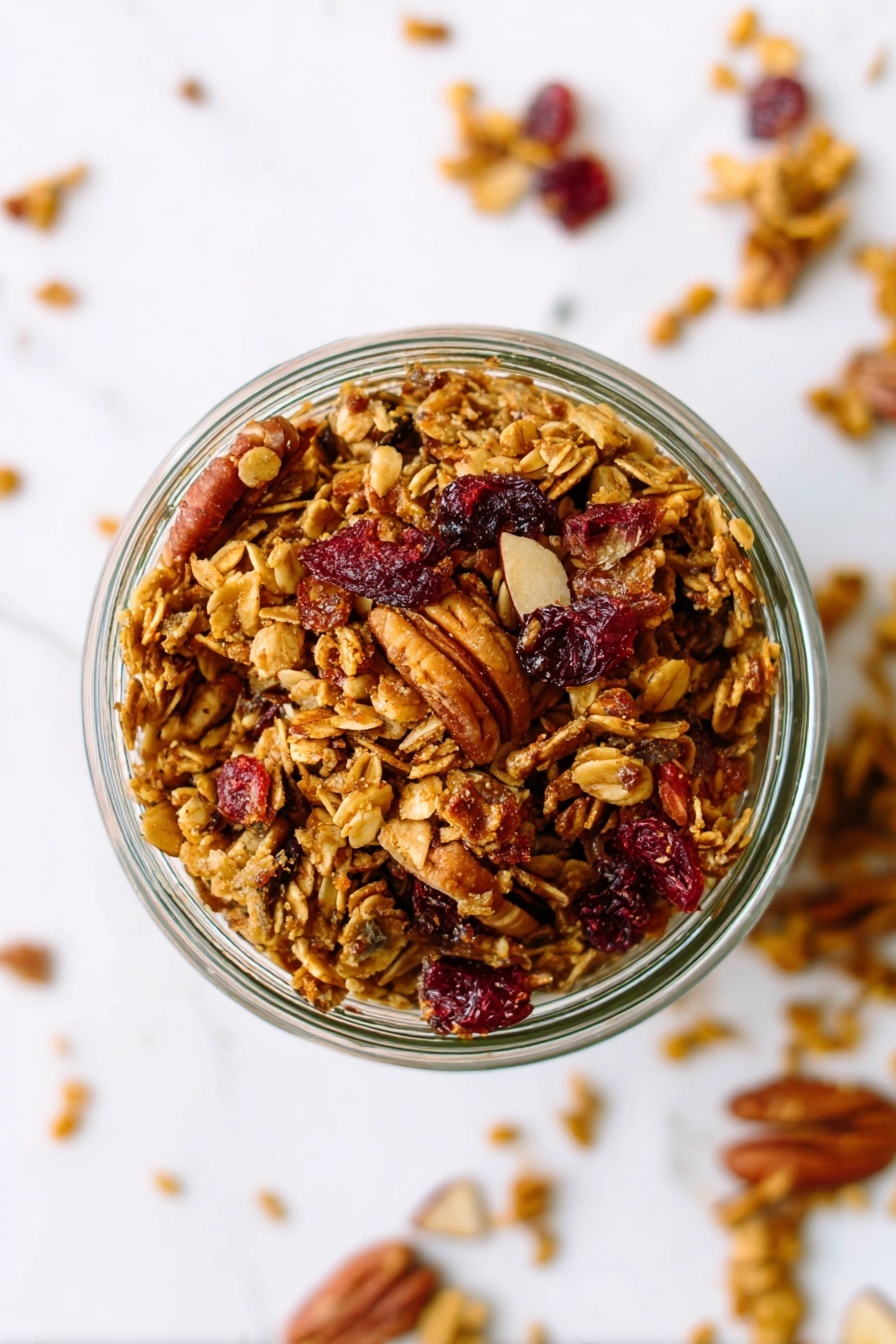 Gingerbread Granola, spicy granola recipe, holiday breakfast ideas, cozy granola mix, homemade spiced granola - A close-up top view of a glass bowl filled with granola that has one layer; the granola is a mix of golden brown oats, darker brown pecans, reddish dried cranberries, and lighter almond flakes scattered throughout. The bowl sits on a white marbled texture with a few small granola pieces scattered around it. photo taken with an iphone --ar 2:3 --v 7