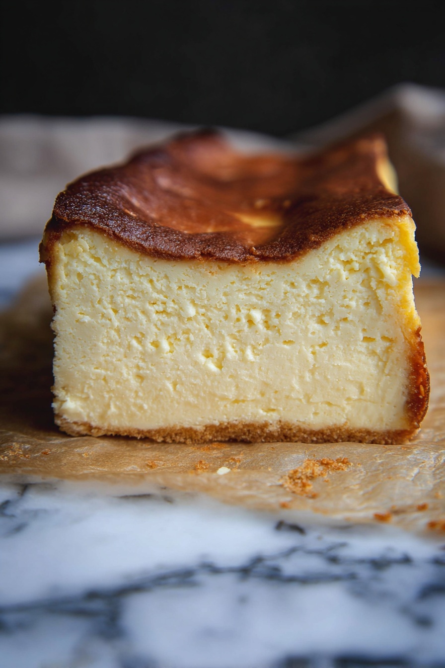 Loaf Pan Basque Cheesecake, Basque Cheesecake recipe, easy caramelized cheesecake, baked cheesecake in loaf pan, creamy baked cheesecake - A thick slice of cheesecake with one visible layer that is pale yellow and creamy, showing a smooth, dense texture. The top layer is a darker golden brown crust, slightly wrinkled and uneven. The cheesecake sits on a parchment paper that has crumbs around it, all placed on a surface with a white marbled texture. The background is dark and blurred, highlighting the cheesecake in the front. Photo taken with an iphone --ar 2:3 --v 7