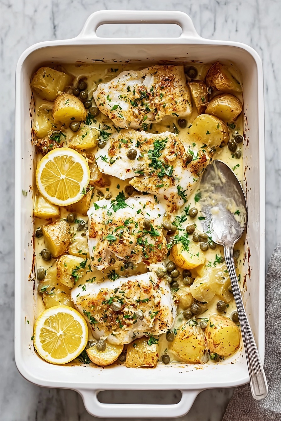 Cod & Potatoes in Rosemary Cream Sauce, rosemary cream sauce with cod and potatoes, easy fish dinner recipe, comforting seafood dish, beginner-friendly cod recipe - A white baking dish filled with four pieces of flaky white fish layered on top of golden roasted potato chunks, all covered in a creamy sauce with herbs and capers scattered across. Two thin lemon slices rest on the right side, adding a bright touch. The sauce has a light beige color with green herb bits mixed in, and the potatoes have a slightly crispy brown edge. The background is a white marbled surface with a white bowl of chopped parsley and a white plate with cracked black pepper visible near the top right. A large silver spoon rests at the top left inside the dish. Photo taken with an iphone --ar 2:3 --v 7
