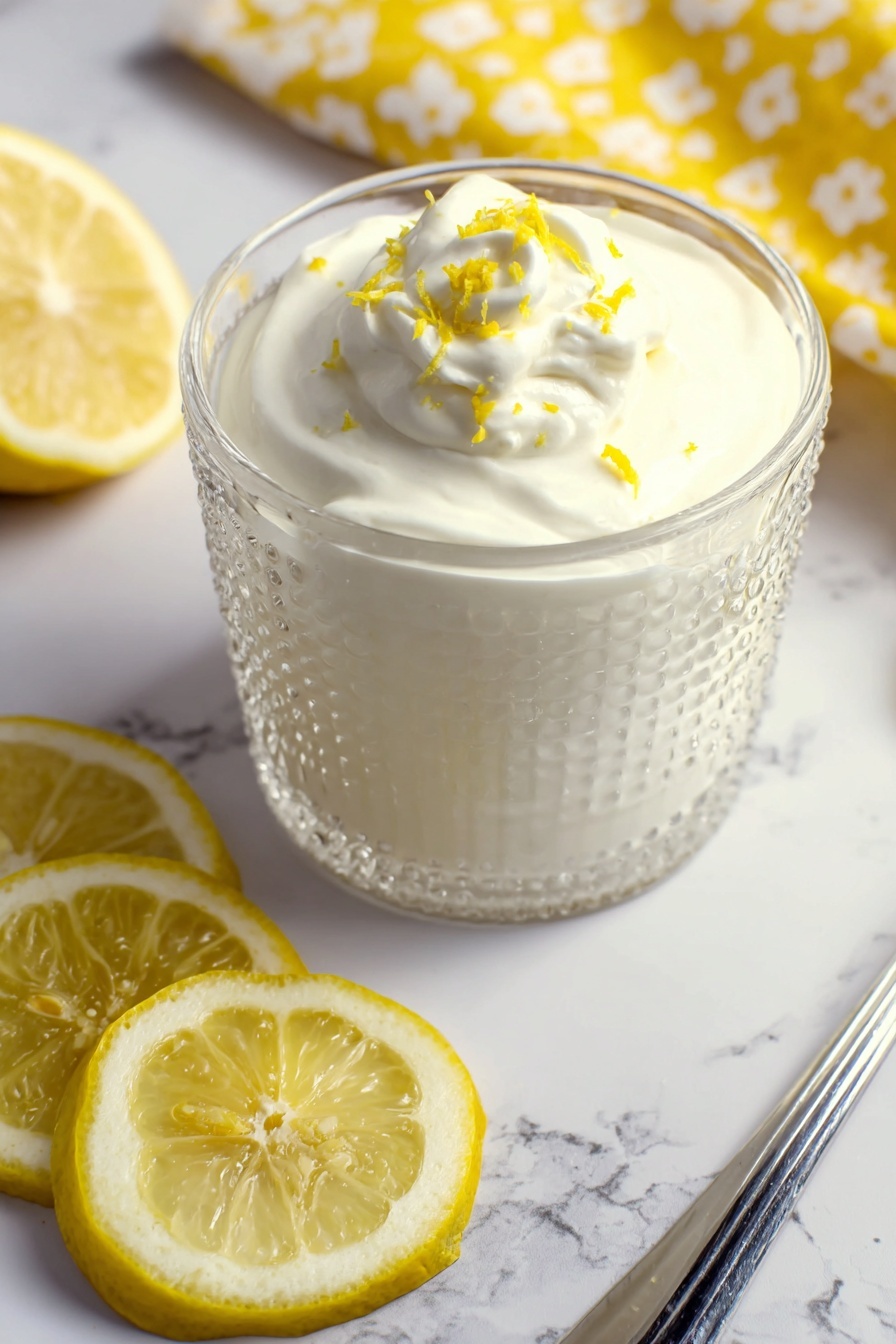 Lemon Mousse, Lemon Mousse Recipe, Easy Lemon Dessert, Tangy Lemon Dessert, Light Lemon Mousse - The image shows a clear glass cup filled with a smooth white creamy dessert that appears to be layered twice, topped with a dollop of whipped cream and tiny yellow lemon zest pieces scattered on top. The cup has a textured design around its edges and is placed on a white marbled surface. To the left of the cup, there are three bright yellow lemon slices stacked slightly overlapping each other. On the right side, a silver spoon lies flat on the surface. A yellow cloth with white patterns is partly visible in the upper right corner. Photo taken with an iphone --ar 2:3 --v 7
