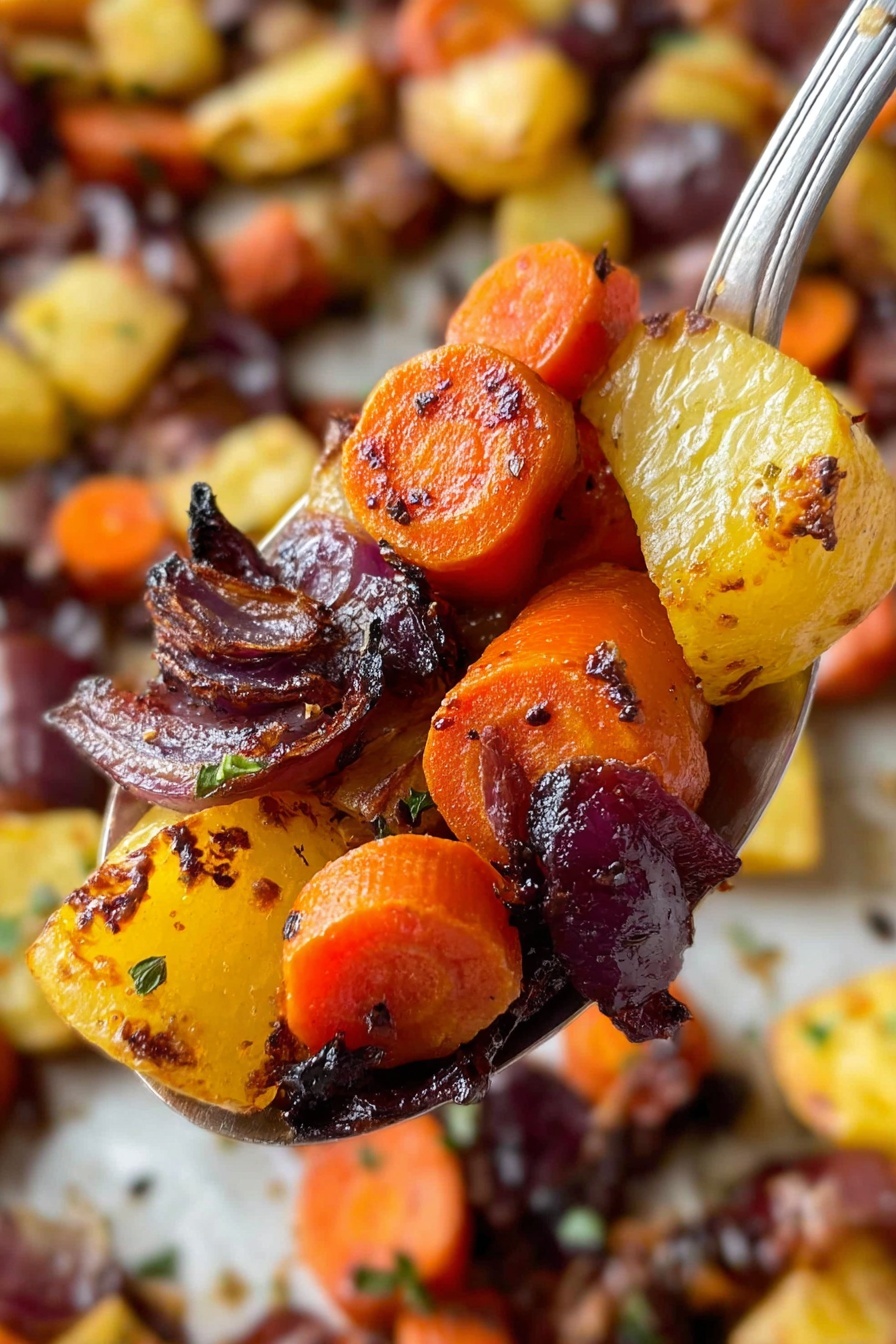 Maple Dijon Roasted Carrots and Apples, roasted carrot and apple side dish, easy roasted vegetable recipe, sweet and tangy vegetable side, healthy fall side dish - A close-up image of roasted vegetables on a silver spoon held over a white marbled surface, showing three layers of vegetables: bright orange carrot slices with a slightly charred dark brown edge, golden yellow potato chunks with crisped edges and specks of herbs, and deep purple pieces of onion with a caramelized texture and some blackened spots. The background is filled with more roasted vegetables in the same colors and textures, creating a vibrant mix of orange, yellow, and purple tones. Photo taken with an iphone --ar 2:3 --v 7