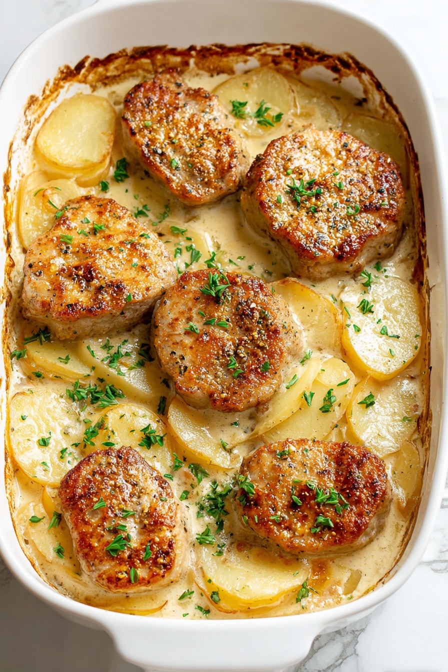 Smothered Pork Chop and Potato Casserole, hearty pork chop casserole, cheesy pork and potato bake, comfort food pork dish, easy pork chop casserole - In a white baking dish, there are five golden brown cooked meat pieces placed on top of a layer of thin potato slices. The potatoes are creamy white with a soft texture, showing slightly browned edges. The meat has a warm brown crust with visible pepper seasoning. Bits of chopped green herbs are sprinkled over the dish, adding a fresh color contrast. The edges of the baking dish show some browned sauce residue, and the background is a white marbled surface. photo taken with an iphone --ar 2:3 --v 7