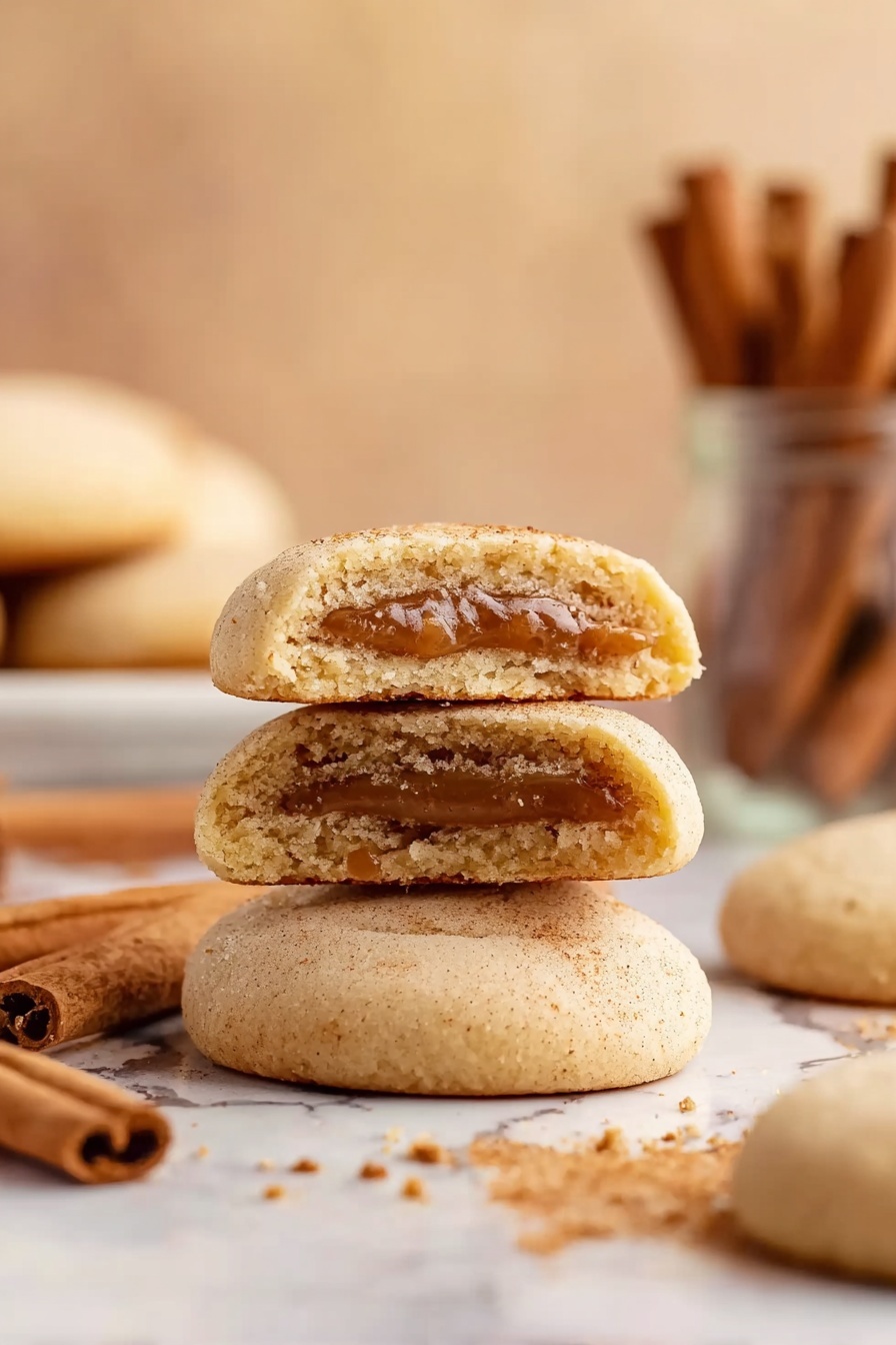 Brown Sugar Pop Tart Cookies, brown sugar cookies with cinnamon filling, homemade pop tart cookie recipe, chewy cinnamon cookies, easy dessert recipes - The image shows a stack of three soft cookies on a white marbled surface, with a close-up of two halves of one cookie placed on top, revealing a cinnamon-colored filling inside. The cookies are light golden brown with a smooth, slightly cracked surface. Scattered cookie crumbs and two cinnamon sticks lie next to the stack, while blurred cookie batches and a glass jar filled with cinnamon sticks appear in the background, all set against a warm, beige backdrop. photo taken with an iphone --ar 2:3 --v 7