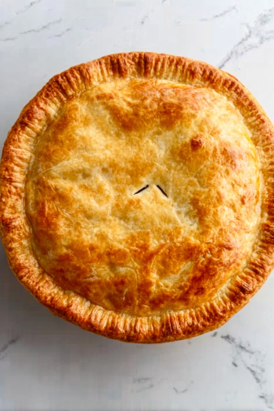 Homemade Chicken Pot Pie with Puff Pastry, Chicken Pot Pie with Puff Pastry, homemade chicken pot pie, flaky savory chicken pie, easy chicken pot pie - A round, golden-brown pie with a flaky crust sits on a white marbled surface. The pie has a slightly crimped edge and four small slits in the center for steam to escape. The crust is evenly baked with a smooth, shiny finish showing different shades of golden color. The pie is whole, uncut, and has a simple, homemade appearance. Photo taken with an iphone --ar 2:3 --v 7