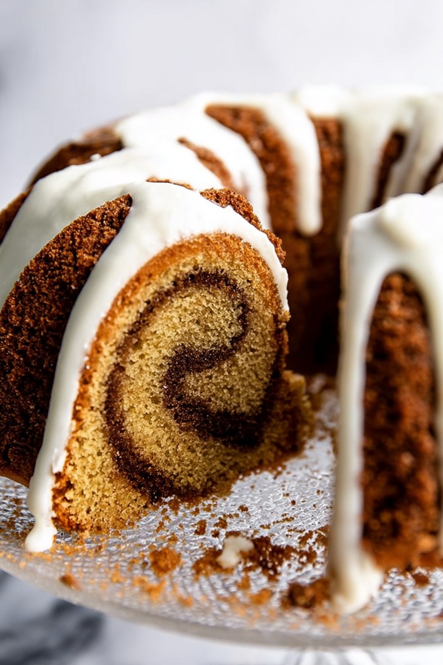 Cinnamon Bundt Cake, cinnamon bundt cake recipe, easy cinnamon cake, cozy cinnamon dessert, moist cinnamon loaf - A close-up view of a sliced bundt cake with a spiral pattern of light and dark brown layers, topped with thick white icing dripping down the cake. The cake has a slightly rough, crumbly texture on the outer darker layer and a moist, soft look inside. It sits on a clear, round stand with some crumbs around the base, all on a white marbled surface. photo taken with an iphone --ar 2:3 --v 7