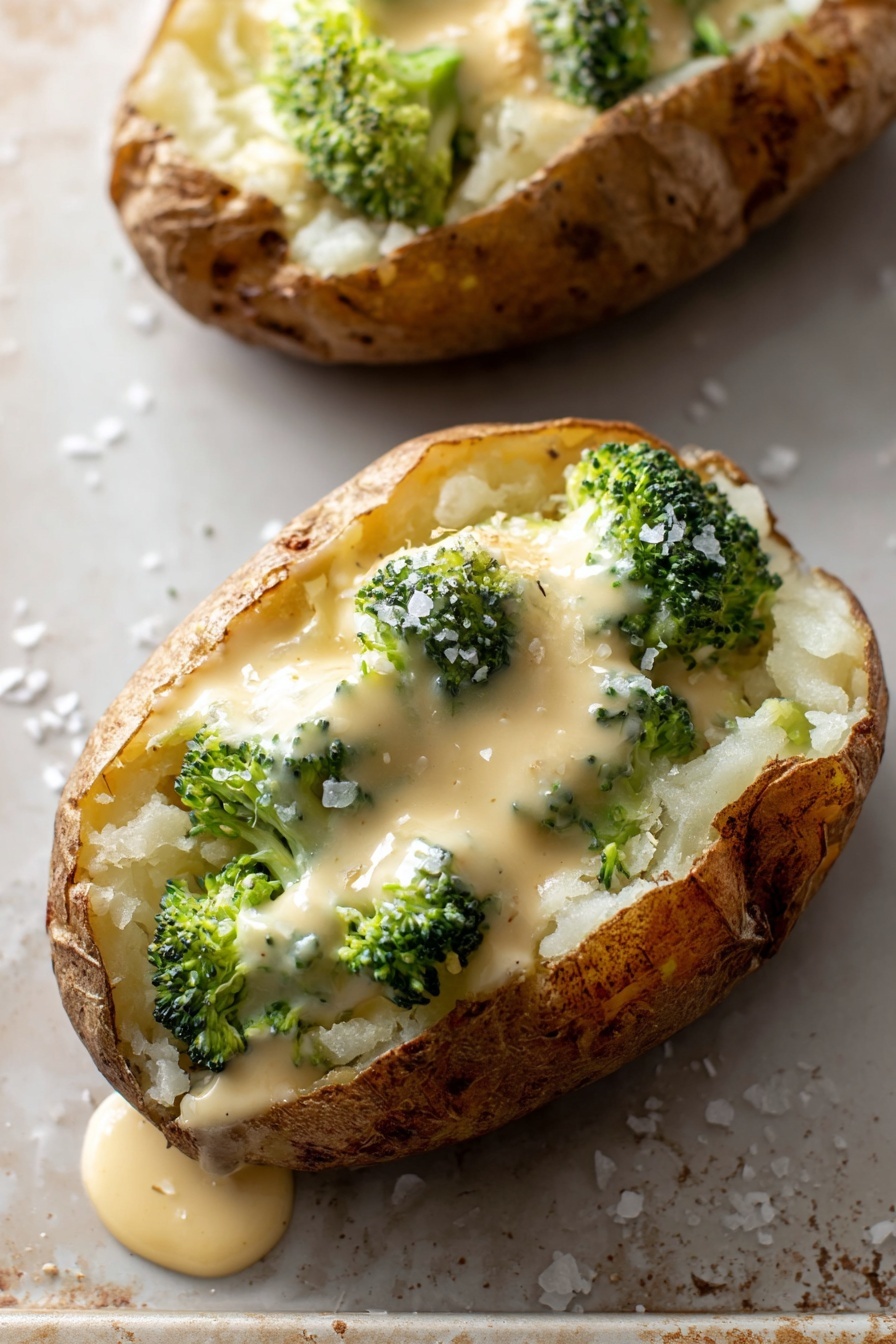 Cheesy Broccoli Baked Potatoes, baked potato with broccoli and cheese, cheesy baked potato dinner, healthy baked potato recipes, quick comfort food ideas - Two baked potato halves with rough brown skin and fluffy white insides sit on a white marbled textured surface. Each potato is topped with a creamy, light yellow cheese sauce mixed with small bright green broccoli florets, some sauce dripping over the edge. Coarse salt crystals are scattered around the potatoes, adding texture. The close-up view highlights the soft, crumbly texture of the potato and the smooth, rich sauce. photo taken with an iphone --ar 2:3 --v 7