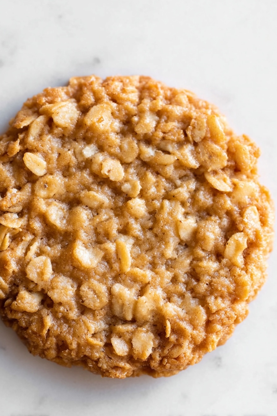 Delicious Lace Oat Cookies, oat cookies with brown butter, crispy buttery oat cookies, quick oat cookie recipe, easy lace cookies - The image shows a close-up view of a single oatmeal cookie. The cookie is round and thick with an uneven surface made of baked oats. Its color is a warm golden brown with lighter patches of oat flakes throughout, giving it a rough texture. The cookie sits flat on a white marbled surface, and the edges are slightly raised and crispy-looking. There are no other objects or decorations in the frame, focusing all attention on the detailed texture of the oatmeal cookie. photo taken with an iphone --ar 2:3 --v 7