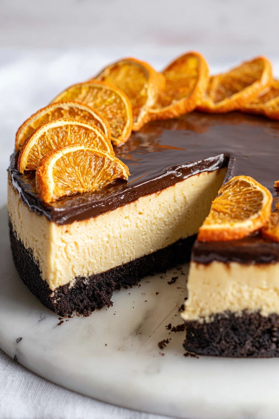 Chocolate Orange Cheesecake, citrus chocolate cheesecake, no-bake orange cheesecake, creamy chocolate cheesecake, easy citrus dessert - The image shows a three-layer cheesecake on a white marbled surface with a slice removed. The bottom layer is a dark brown, crumbly crust, the middle layer is a thick, creamy light yellow cheesecake, and the top layer is a smooth, glossy dark chocolate glaze. On top of the chocolate layer, there are evenly spaced, upright dried orange slices with bright orange color and textured skins, arranged around the edge of the cheesecake. The white marbled surface underneath contrasts gently with the rich colors of the cake. photo taken with an iphone --ar 2:3 --v 7