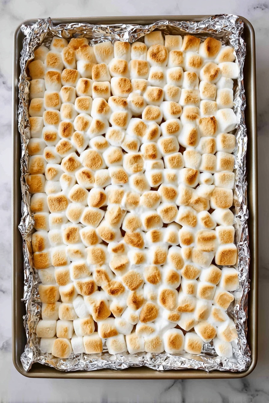 Chewy S'more Bars with Chocolate and Marshmallows, S'mores dessert bars, homemade s'more treats, no-bake s'mores bars, easy campfire-inspired dessert - A large rectangular baking tray lined with shiny foil holds a layer of toasted mini marshmallows. The marshmallows are golden brown on top with some parts slightly darker, showing a toasted texture through their soft puffed forms. They cover the entire tray evenly in rows, creating a mosaic of small, round shapes with slightly caramelized spots. The tray sits on a white marbled surface. photo taken with an iphone --ar 2:3 --v 7