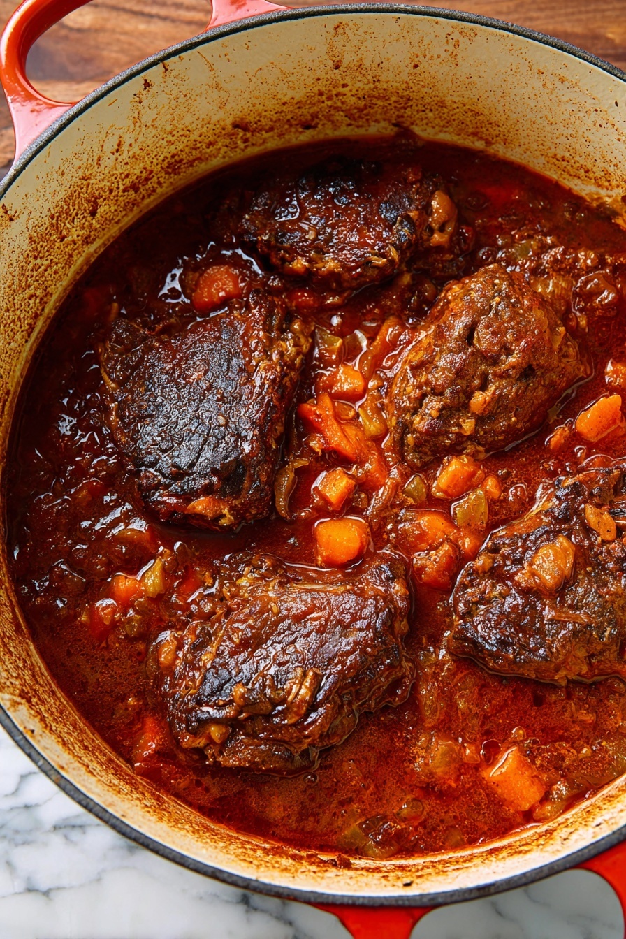 Italian Pot Roast, Italian Pot Roast Recipe, hearty Italian beef stew, Italian beef slow cooker, rustic Italian meat dish - The image shows a large white pot filled with a rich, dark brown stew with four large pieces of browned, cooked meat sitting on top, surrounded by a thick red sauce mixed with small chunks of orange carrots and lighter-colored vegetables. The inside walls of the pot have some sauce stains, and the pot handles are red. The scene is set on a white marbled surface. Photo taken with an iphone --ar 2:3 --v 7