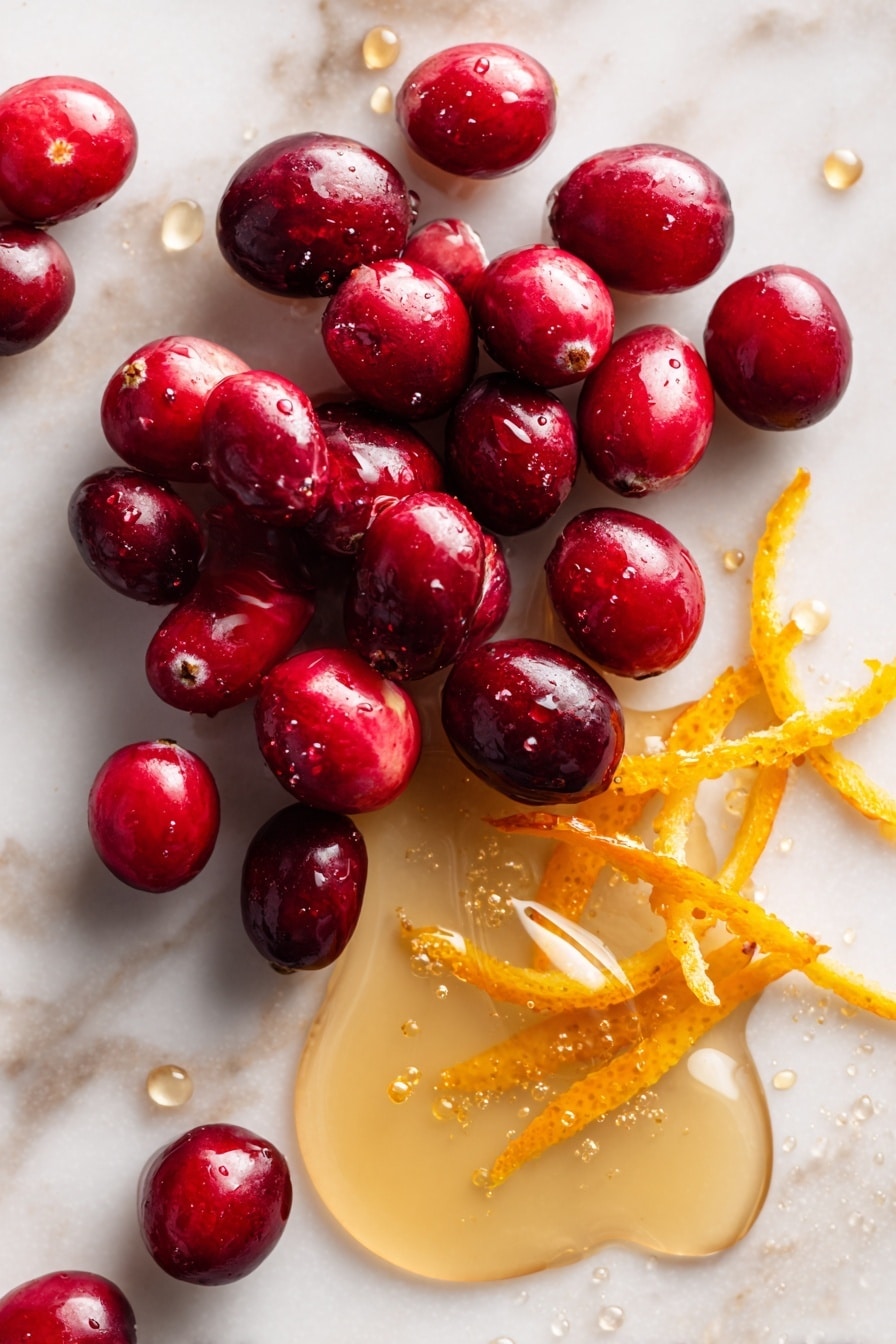 Sweet and Tangy Maple Cranberry Sauce with Orange Zest, cranberry sauce with orange zest, easy holiday cranberry sauce, homemade cranberry sauce, festive fruit sauce - Flat lay of fresh, plump red cranberries clustered beside a small pile of bright orange zest strips with their textured, vibrant peel, next to a small pool of golden maple syrup glistening under soft light, alongside a few clear drops of water sparkling naturally, all arranged with casual elegance and natural spacing to highlight their rich colors and textures, placed on white marbled surface, photo taken with an iphone --ar 2:3 --v 7