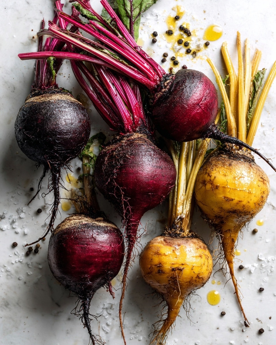 Roasted Beets, roasted beets recipe, easy beet side dish, healthy roasted vegetables, simple beet recipes - Flat lay of six fresh medium beets with deep red and purple hues, their smooth skin glistening slightly from natural moisture, some with thin roots still attached, arranged naturally with a few scattered coarse sea salt crystals and whole black peppercorns nearby. Small droplets of golden extra-virgin olive oil catch the light, highlighting the rich textures and vibrant colors of the beets. The composition is simple and rustic, emphasizing freshness and earthiness, placed on white marbled surface, photo taken with an iphone --ar 2:3 --v 7