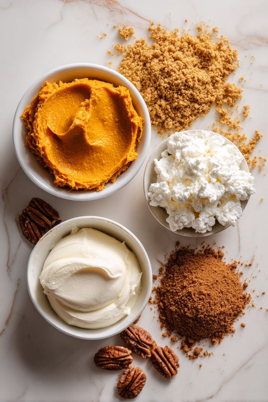 No Bake Pumpkin Lush, no bake pumpkin dessert, easy pumpkin dessert, fall pumpkin pudding, no bake pumpkin layered treat - Flat lay of vibrant orange pumpkin puree dolloped next to smooth, creamy white cream cheese, golden crushed gingersnap cookie crumbs scattered around with rich brown chopped pecans, a small pile of warm brown pumpkin spice powder nestled beside a bright white mound of fluffy Cool Whip, all arranged naturally with soft shadows highlighting the different textures and colors, placed on white marbled surface, photo taken with an iphone --ar 2:3 --v 7