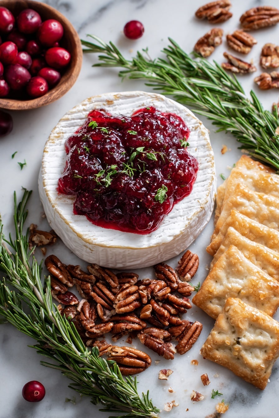 Cranberry Brie Bites, Cranberry Brie Appetizer, Puff Pastry Brie Bites, Holiday Party Snacks, Easy Cranberry Brie Bites - Flat lay of a round wheel of creamy white Brie cheese with a smooth, slightly glossy surface, deep red homemade cranberry sauce glistening with whole cranberries, light golden puff pastry sheets with delicate flaky layers, a small pile of chopped pecans showing rich brown hues and textured ridges, fresh bright green rosemary sprigs with needle-like leaves, all arranged naturally with some crumbs and bits scattered around, placed on white marbled surface, photo taken with an iphone --ar 2:3 --v 7