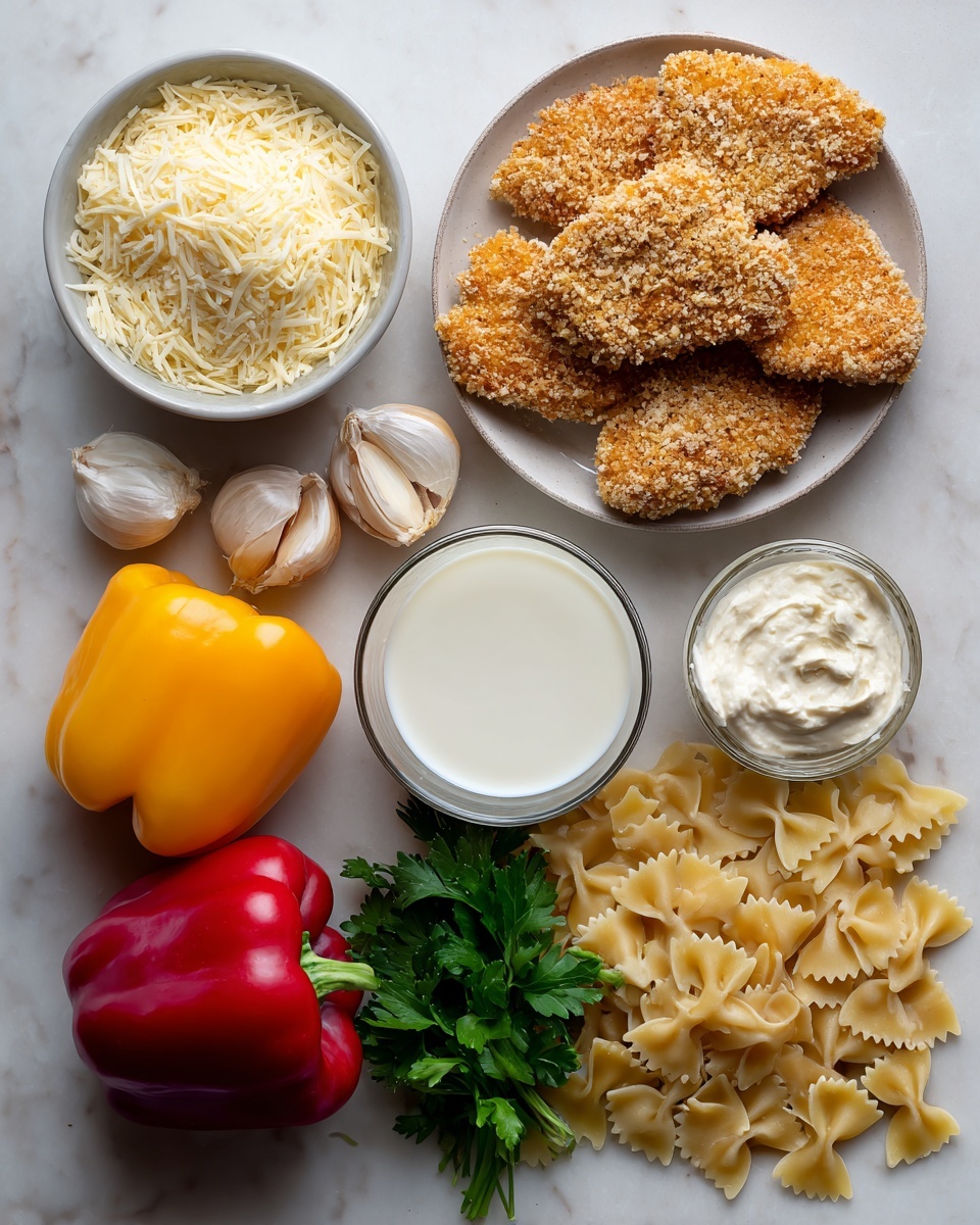 Southern Style Creamy Parmesan Chicken Pasta, creamy chicken pasta, Parmesan chicken skillet, easy cheesy pasta, Southern-inspired chicken dinner - Flat lay of a few golden chicken cutlets coated with panko crumbs, a small bowl filled with grated parmesan cheese, a medium yellow onion chopped into pieces, two colorful bell peppers roughly chopped, three garlic cloves peeled and finely chopped, a glass of creamy milk next to a small container of heavy cream, a dollop of cream cheese at room temperature, a bunch of fresh parsley leaves, and a handful of short cut pasta scattered artfully, all placed on a white marble surface, photo taken with an iphone --ar 2:3 --v 7