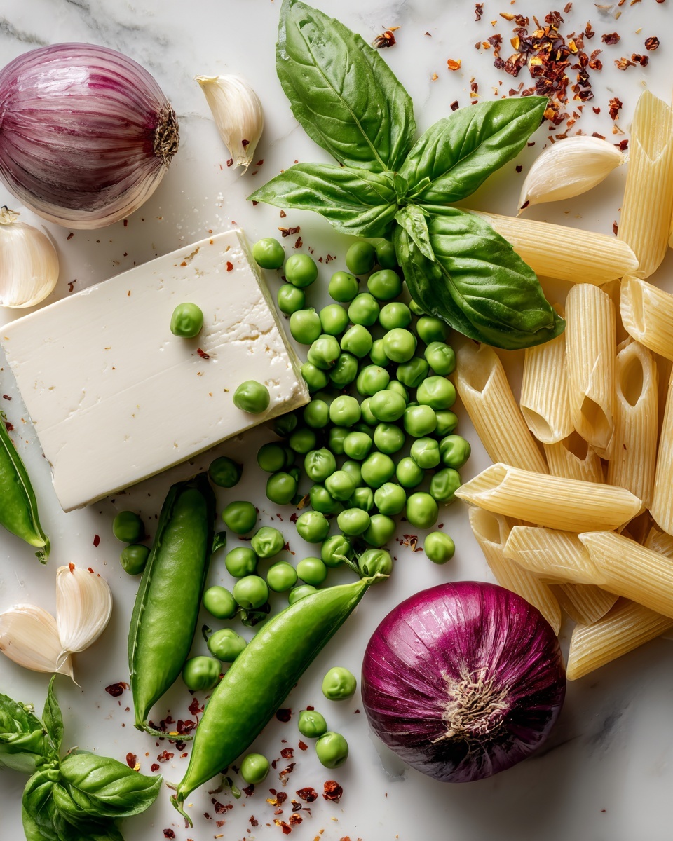Creamy Green Pea Pasta with Basil and Tofu, green pea pasta, vegan creamy pasta, basil pasta recipes, healthy vegetable pasta - Flat lay of vibrant fresh green peas, bright green basil leaves, whole garlic cloves, a red onion quartered to show its layers, a smooth block of silken tofu, dried red pepper flakes sprinkled artistically, and a small pile of pale yellow uncooked pasta strands, all beautifully arranged in a balanced composition, placed on a white marble surface, photo taken with an iphone --ar 2:3 --v 7