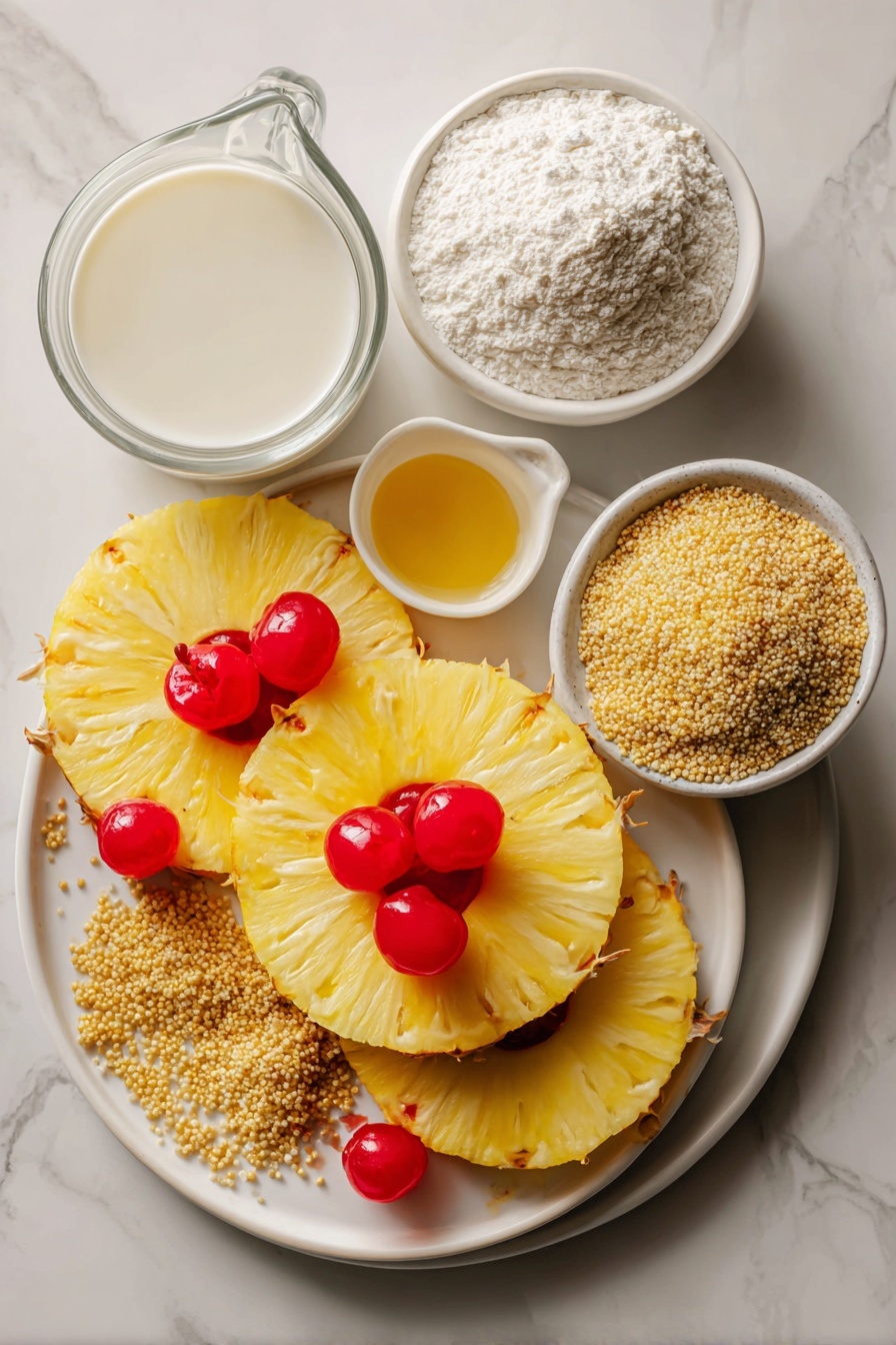 Vegan Pineapple Upside Down Cake, vegan pineapple dessert, dairy-free pineapple cake, tropical vegan cake, easy vegan pineapple recipe - Flat lay of bright yellow pineapple slices arranged in a circle, vibrant red maraschino cherries nestled in the pineapple holes, golden brown sugar crystals sprinkled around, a small pile of golden flaxseed meal, soft off-white all-purpose flour mound, a glass jug of creamy plant-based milk, a small pool of light golden melted vegan butter, and a splash of clear vanilla extract, placed on a white marble surface, photo taken with an iphone --ar 2:3 --v 7