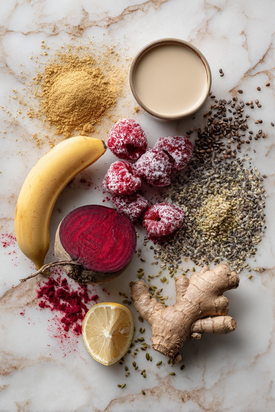 Banana Beet Smoothie, healthy beet smoothie, energizing fruit smoothies, nutritious smoothie recipes, beet and banana drink - Flat lay of a small raw beet with its deep red skin, a peeled ripe banana, vibrant frozen raspberries covered in frost, a small pile of golden maca root powder, a sprinkle of chia seeds, a scattering of hemp seeds, a wedge of fresh lemon, and a splash of creamy non-dairy milk all beautifully arranged in a harmonious layout placed on a white marble surface, photo taken with an iphone --ar 2:3 --v 7
