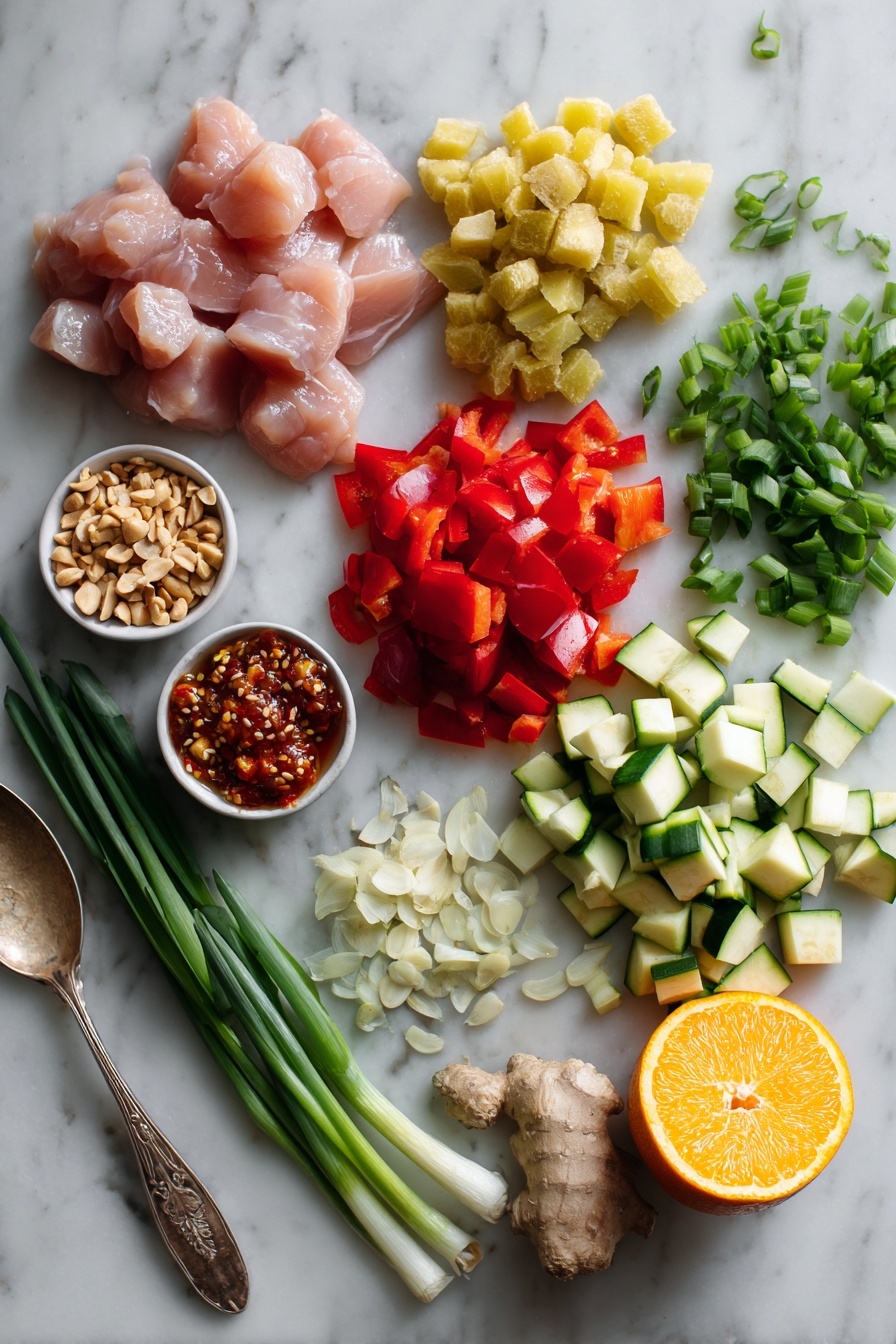 Kung Pao Chicken with Orange Chili Sauce and Crispy Vegetables, spicy chicken stir fry with citrus, quick Asian chicken recipe, flavorful crispy vegetable dishes, easy Chinese chicken dinner - Flat lay of cubed raw chicken breast, bright red and green bell pepper squares, sliced zucchini pieces, chopped white onion, peeled garlic cloves, fresh grated ginger, whole orange with a wedge showing vibrant orange flesh, a small pile of roasted salted peanuts, and a spoonful of glossy chili crisp sauce, all beautifully arranged with fresh green onion slices and a sprinkle of white sesame seeds placed on a white marble surface, photo taken with an iphone --ar 2:3 --v 7