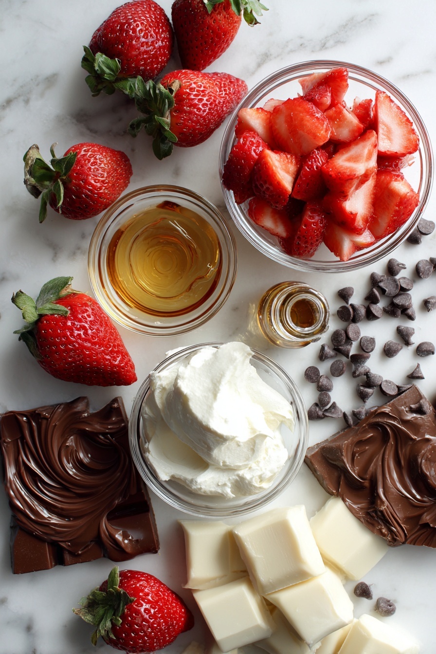 Chocolate Strawberry Yogurt Clusters, healthy chocolate berry snack, easy yogurt energy bites, homemade chocolate fruit clusters, simple fruit and chocolate treats - Flat lay of bright red chopped strawberries, creamy white plain Greek yogurt dollops, smooth golden honey drizzles, small glass vial of vanilla extract, glossy semi-sweet chocolate chips scattered, rich melted chocolate swirl, and smooth chunks of translucent coconut oil, all beautifully arranged on a white marble surface, photo taken with an iphone --ar 2:3 --v 7