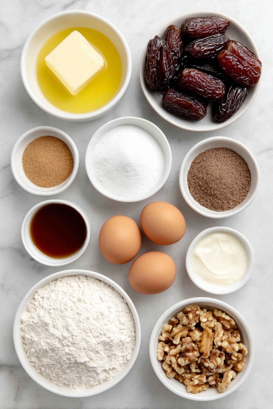 Sticky Toffee Pudding with Toffee Sauce, British dessert recipes, moist date pudding, easy toffee dessert, comforting British sweets - Flat lay of pitted medjool dates, a small white bowl of boiling water, a pat of room temperature butter, a small white bowl of light brown sugar, a small white bowl of molasses, two large whole clean eggs, a small white bowl of all-purpose flour, a small white bowl of baking powder, a small white bowl of baking soda, a small white bowl of salt, a small white bowl of heavy whipping cream, a small white bowl of chopped walnuts, all arranged symmetrically with perfect proportions on a clean white marble surface, soft natural light, photo taken with an iPhone, professional food photography style, fresh ingredients, white ceramic bowls, no bottles, no duplicates, no utensils, no packaging --ar 2:3 --v 7 --p awthu7i m7354615311229779997