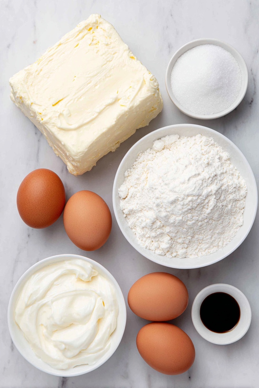 Loaf Pan Basque Cheesecake, Basque Cheesecake recipe, easy caramelized cheesecake, baked cheesecake in loaf pan, creamy baked cheesecake - Flat lay of a large block of fresh cream cheese with smooth texture, a small mound of granulated sugar, four large whole brown eggs with clean shells, a small white ceramic bowl filled with thick heavy cream, a small white ceramic bowl containing pure vanilla extract, a small pinch of fine salt crystals, and a small white ceramic bowl of sifted all-purpose flour, all arranged symmetrically and naturally on a clean white marble surface, soft natural light, photo taken with an iPhone, professional food photography style, fresh ingredients, white ceramic bowls, no bottles, no duplicates, no utensils, no packaging --ar 2:3 --v 7 --p awthu7i m7354615311229779997