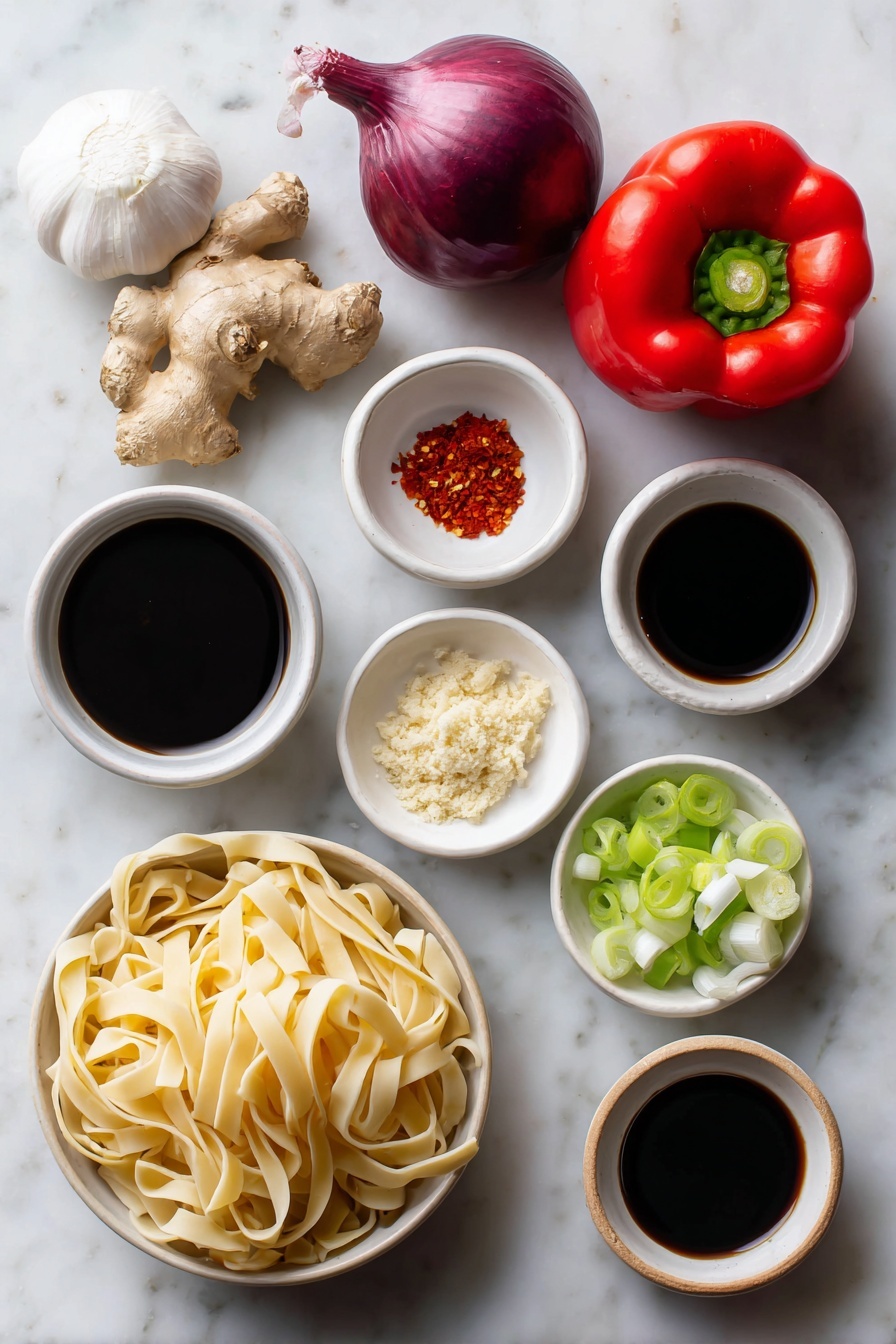 Spicy Chili Garlic Noodles, spicy Asian noodles, quick chili garlic pasta, spicy noodle stir-fry, flavorful chili garlic dish - Flat lay of wide rice noodles loosely coiled, a few whole shallots with purplish skins, several uncracked brown garlic cloves, a small bunch of white parts of scallions neatly chopped, a piece of fresh ginger root with skin and a small pile of freshly grated ginger, small white ceramic bowls containing olive oil, low sodium soy sauce, chili garlic sauce, sriracha, rice vinegar, toasted sesame oil, a small heap of brown sugar, a tiny pile of red pepper flakes, and a fresh whole red bell pepper halved to show interior seeds, all arranged with perfect symmetry on a clean white marble surface, soft natural light, photo taken with an iPhone, professional food photography style, fresh ingredients, white ceramic bowls, no bottles, no duplicates, no utensils, no packaging --ar 2:3 --v 7 --p awthu7i m7354615311229779997