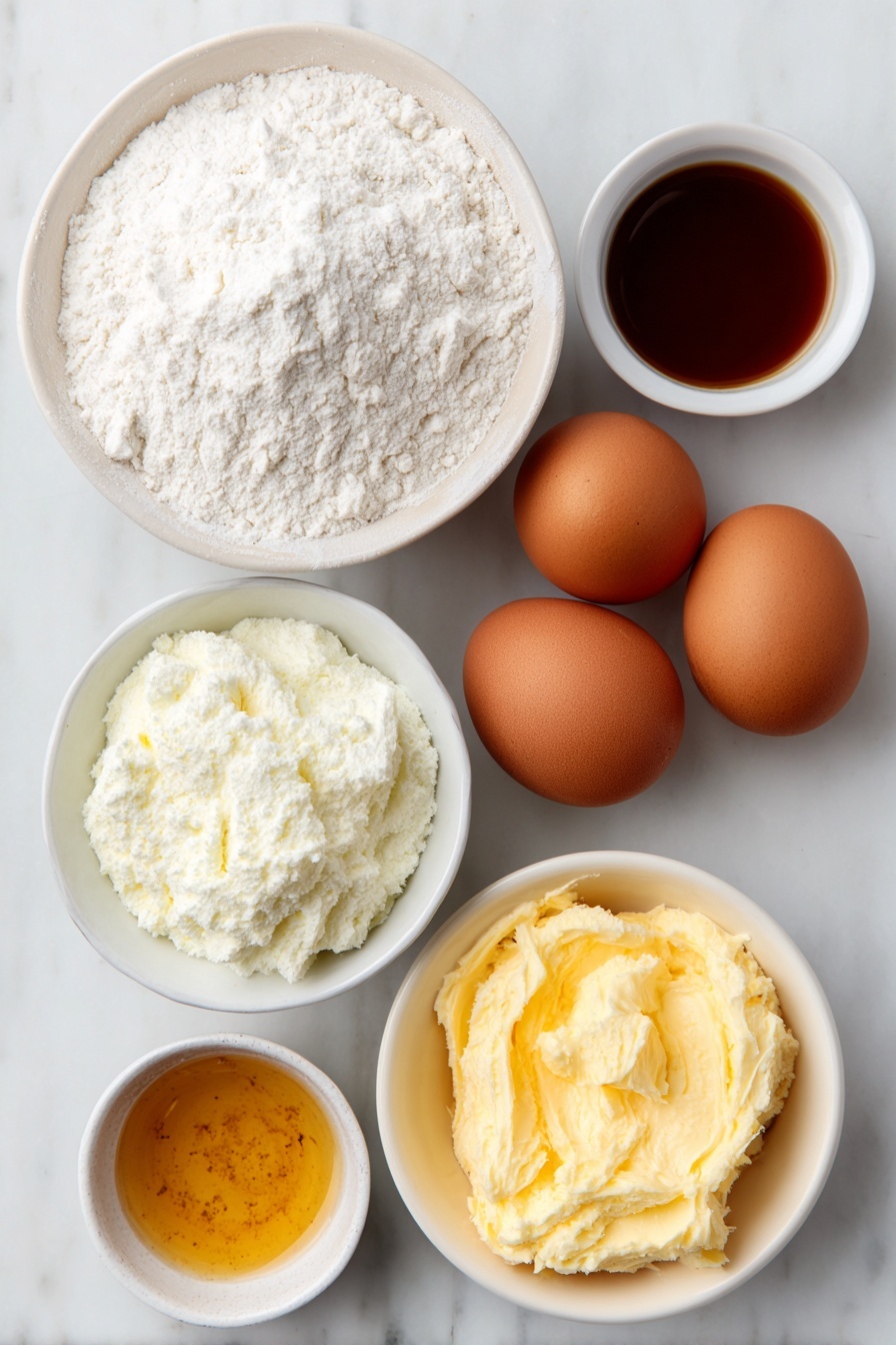 Keto Protein Crepes, low-carb protein breakfast, healthy keto crepes, protein-packed crepe recipe, easy keto breakfast - Flat lay of two whole brown eggs with clean shells, a small white ceramic bowl of white whey protein powder, a small white ceramic bowl of vanilla extract, a small white ceramic bowl of powdered sweetener, a small white ceramic bowl with melted golden butter, placed on a clean white marble surface, soft natural light, photo taken with an iPhone, professional food photography style, fresh ingredients, white ceramic bowls, no bottles, no duplicates, no utensils, no packaging --ar 2:3 --v 7 --p awthu7i m7354615311229779997