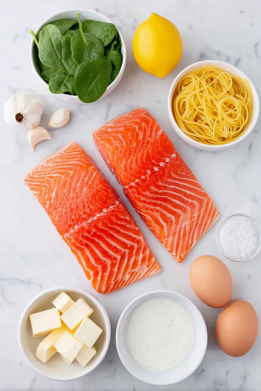 Creamy Salmon Pasta, Creamy Salmon Pasta, Easy Salmon Pasta, Salmon Pasta Dinner, Quick Salmon Pasta - Flat lay of two fresh pink salmon fillets with skin visible, a small pile of green baby spinach leaves, several bright yellow lemon wedges, three whole garlic cloves with papery skins intact, a small heap of capers, a few sprigs of fresh lemon zest strands, a small mound of uncooked pale golden linguine pasta, a simple white ceramic bowl filled with smooth heavy cream, another small white bowl containing clear dry white wine, a small white bowl with unsalted butter cubes, two whole uncracked brown eggs, all arranged symmetrically on a clean white marble surface, soft natural light, photo taken with an iPhone, professional food photography style, fresh ingredients, white ceramic bowls, no bottles, no duplicates, no utensils, no packaging --ar 2:3 --v 7 --p awthu7i m7354615311229779997