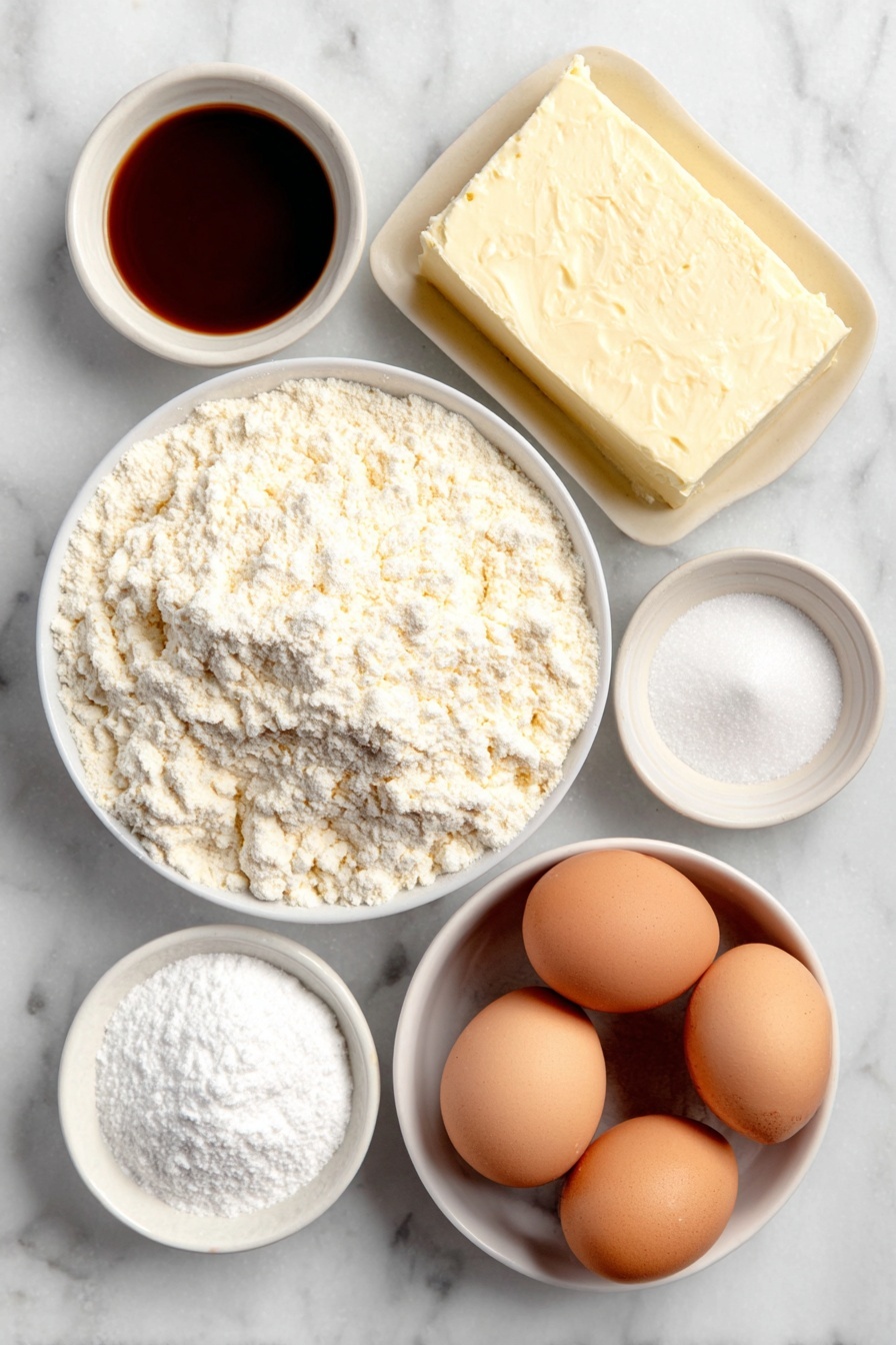 Ooey Gooey Butter Cake, best ooey gooey butter cake, easy gooey butter cake recipe, how to make ooey gooey butter cake, homemade gooey butter cake - Flat lay of a small pile of bright yellow cake mix powder, two whole brown eggs with clean shells, a small white bowl of melted golden butter, a small white bowl of clear vanilla extract, a block of fresh cream cheese with a smooth surface, another two whole brown eggs with clean shells, a small white bowl of confectioners sugar, all arranged with perfect symmetry and natural colors, placed on a clean white marble surface, soft natural light, photo taken with an iPhone, professional food photography style, fresh ingredients, white ceramic bowls, no bottles, no duplicates, no utensils, no packaging --ar 2:3 --v 7 --p awthu7i m7354615311229779997