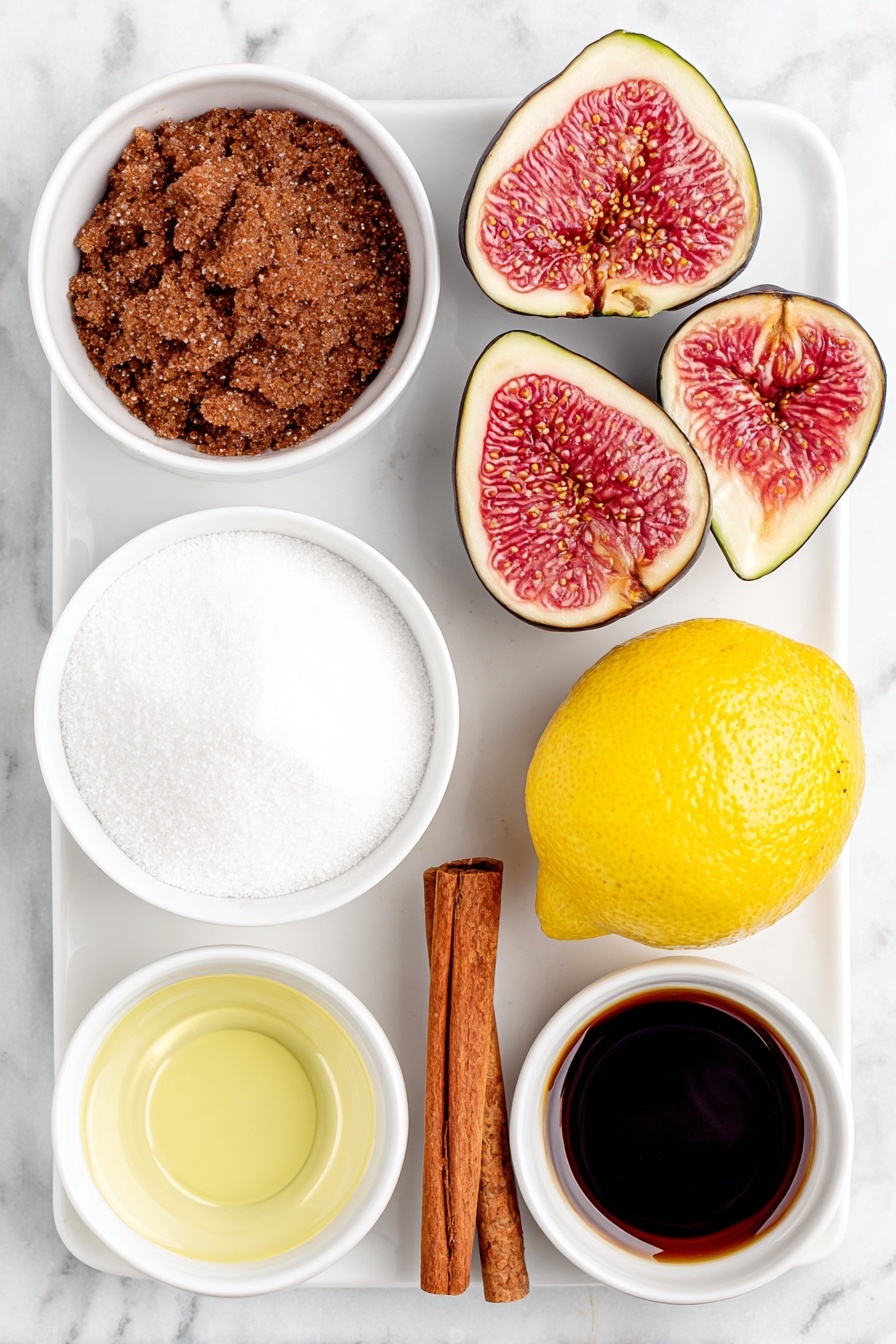 Easy Fig Chutney, fig chutney, homemade fig chutney, simple fruit chutney, sweet and tangy condiment - Flat lay of fresh whole figs halved showing deep purple skin and pink flesh, a small white ceramic bowl filled with dark brown soft packed brown sugar, a small white ceramic bowl of clear water, a small white ceramic bowl of dark glossy balsamic vinegar, a small white ceramic bowl with fresh bright yellow lemon juice, and a single cinnamon stick with reddish brown bark placed next to a small pile of ground cinnamon powder on a simple white ceramic plate, all ingredients arranged in perfect symmetry, placed on a clean white marble surface, soft natural light, photo taken with an iPhone, professional food photography style, fresh ingredients, white ceramic bowls, no bottles, no duplicates, no utensils, no packaging --ar 2:3 --v 7 --p awthu7i m7354615311229779997