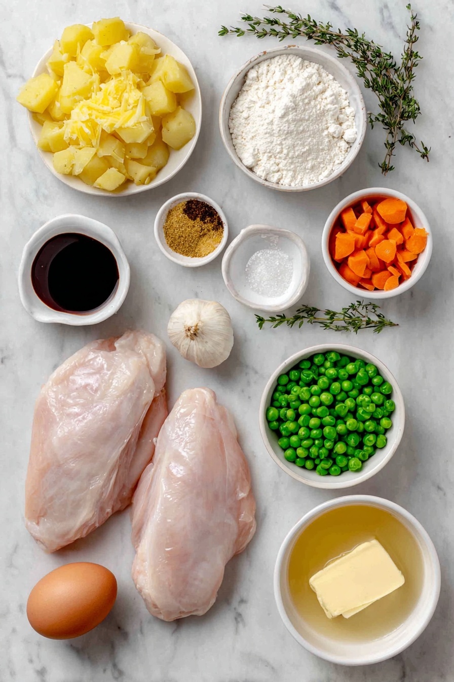 Homemade Chicken Pot Pie with Puff Pastry, Chicken Pot Pie with Puff Pastry, homemade chicken pot pie, flaky savory chicken pie, easy chicken pot pie - Flat lay of two small boneless skinless chicken breasts, a small yellow onion diced, two ribs celery diced, a cup of diced carrots, three whole uncracked garlic cloves, a few sprigs of fresh thyme and rosemary, a small white ceramic bowl with dried mustard powder, another small white ceramic bowl with onion powder, a small white ceramic bowl with soy sauce, a small white ceramic bowl with all-purpose flour, a small white ceramic bowl with half and half, a single Yukon gold potato cut into chunks, a small white ceramic bowl with frozen green peas, a whole uncracked brown egg, a small white ceramic bowl with milk, four tablespoons of butter placed as small pats, and a small white ceramic bowl filled with chicken broth, all arranged symmetrically on a clean white marble surface, soft natural light, photo taken with an iPhone, professional food photography style, fresh ingredients, white ceramic bowls, no bottles, no duplicates, no utensils, no packaging --ar 2:3 --v 7 --p awthu7i m7354615311229779997