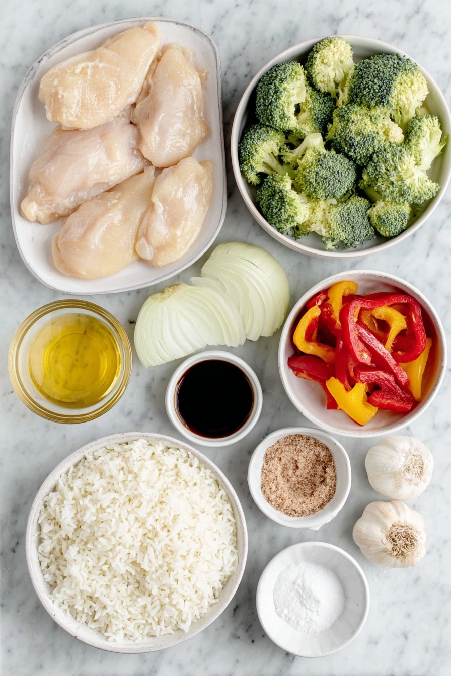 Quick Chicken Broccoli Stir Fry, healthy stir fry recipes, easy weeknight dinner, fast chicken stir fry, delicious broccoli chicken dish - Flat lay of fresh boneless skinless chicken breasts, bright green broccoli florets, a sliced yellow onion, a sliced red bell pepper, two whole brown garlic cloves, a small white ceramic bowl of light golden peanut oil, a small white ceramic bowl of dark soy sauce, a small white ceramic bowl of packed brown sugar crystals, a small white ceramic bowl of clear golden honey, a small white ceramic bowl of pale cornstarch powder, a small white ceramic bowl of cold water, and a small white ceramic bowl of amber chicken broth, three cups of fluffy cooked white long grain rice arranged neatly on a simple white ceramic plate, all ingredients fresh and natural, perfectly balanced and symmetrical composition, placed on a clean white marble surface, soft natural light, photo taken with an iPhone, professional food photography style, fresh ingredients, white ceramic bowls, no bottles, no duplicates, no utensils, no packaging --ar 2:3 --v 7 --p awthu7i m7354615311229779997