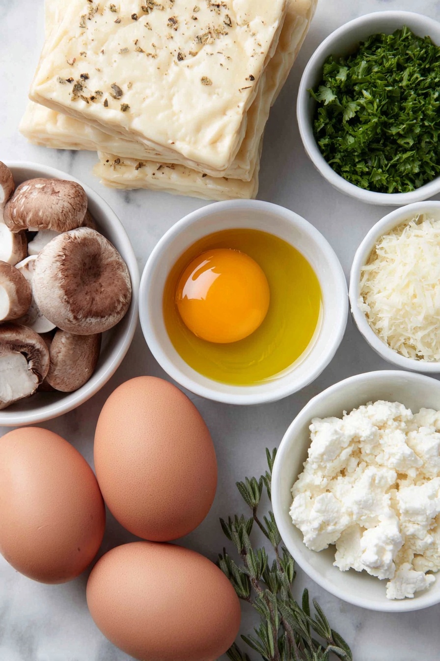 Mushroom and Goat Cheese Puff Pastry Tarts, savory mushroom tart, goat cheese appetizer, easy puff pastry tart, flaky mushroom tart appetizer - Flat lay of fresh whole uncracked brown egg, a stack of ten square 4x4 inch puff pastry sheets, a small pile of sliced brown and white mushrooms, a finely chopped shallot, three peeled garlic cloves, a small bunch of roughly chopped bright green parsley leaves, a small white ceramic bowl of golden olive oil, a small white ceramic bowl with grated pale parmesan cheese, a small white ceramic bowl with soft crumbly white goat cheese, and a small white ceramic bowl of pale translucent white wine, along with small sprigs of fresh sage, thyme, and rosemary arranged symmetrically, all placed on a clean white marble surface, soft natural light, photo taken with an iPhone, professional food photography style, fresh ingredients, white ceramic bowls, no bottles, no duplicates, no utensils, no packaging --ar 2:3 --v 7 --p m7354615311229779997